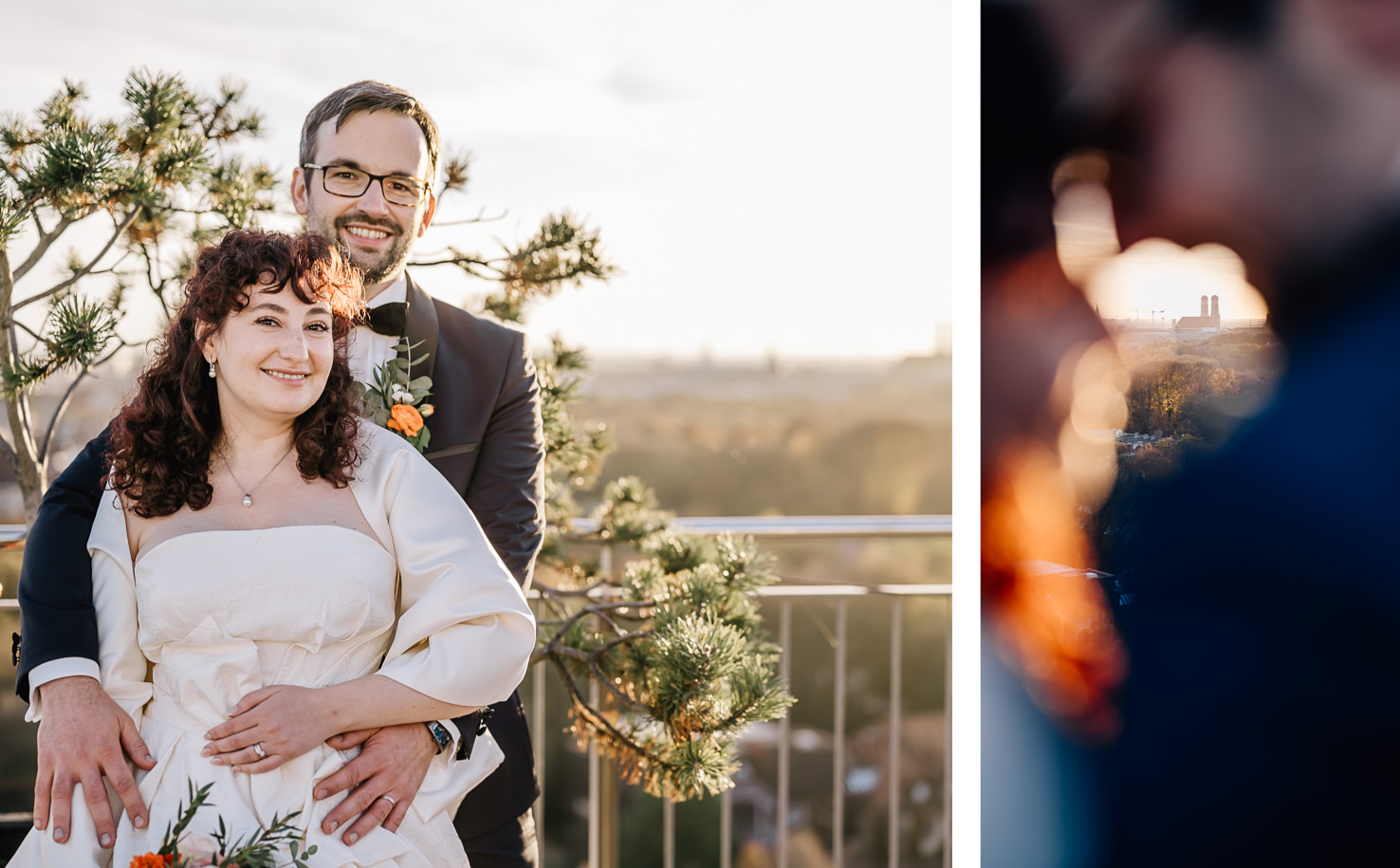 Ein Hochzeitspaar posiert für ein Foto im Freien, mit Sonnenlicht und einem unscharfen Hintergrund.