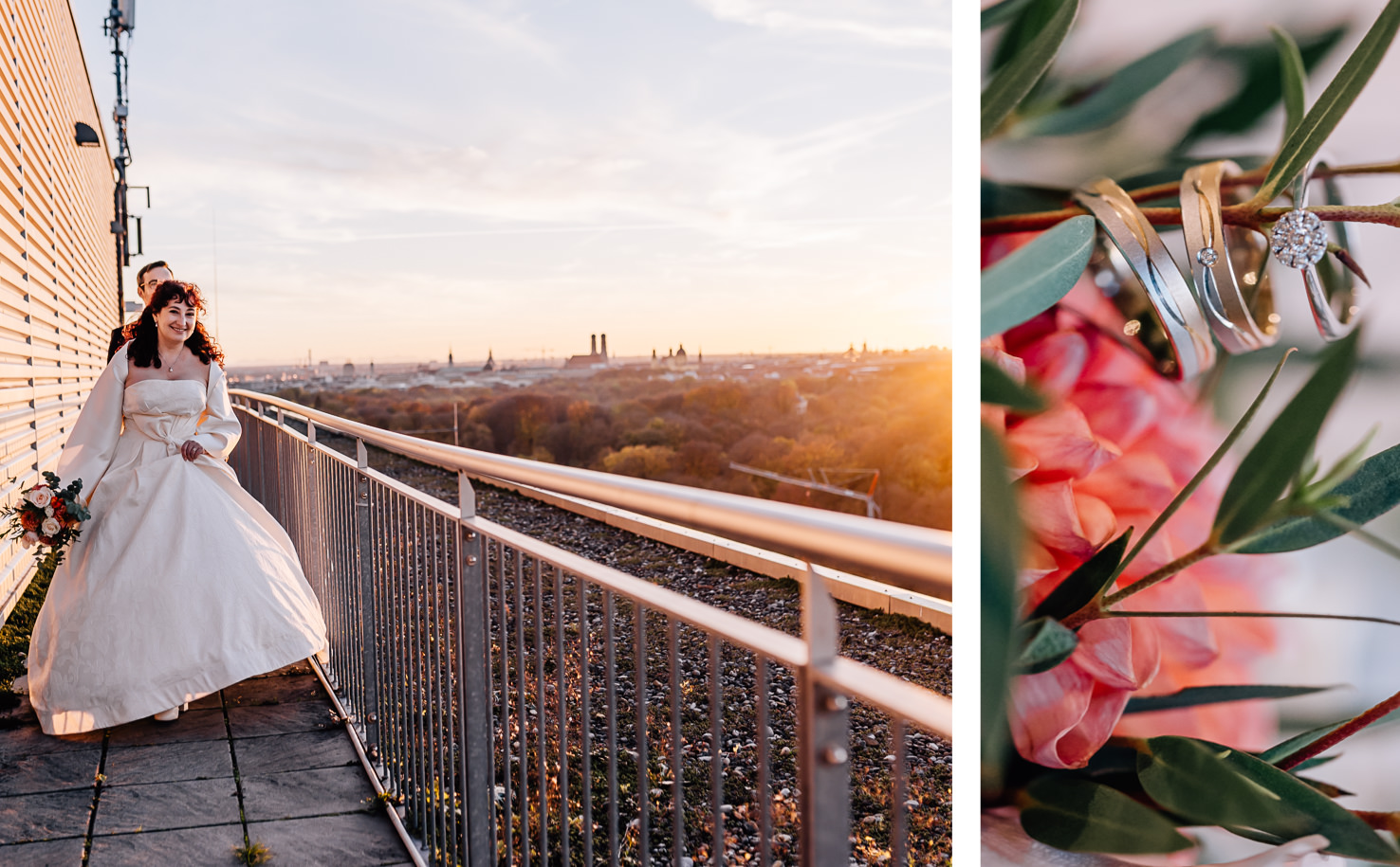 Das Bild zeigt ein Paar in Hochzeitskleidung auf einer Aussichtsplattform und Eheringe eingerahmt von Blumen.