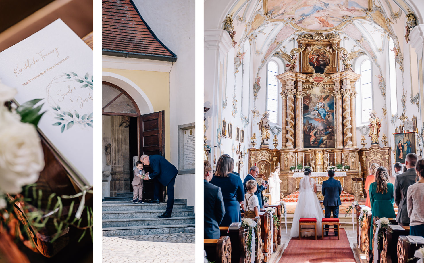 Das Bild zeigt drei Szenen einer Hochzeitsfeier, einschließlich einer Einladungskarte, einer liebevollen Interaktion außerhalb einer Kirche und das Brautpaar beim Altar.