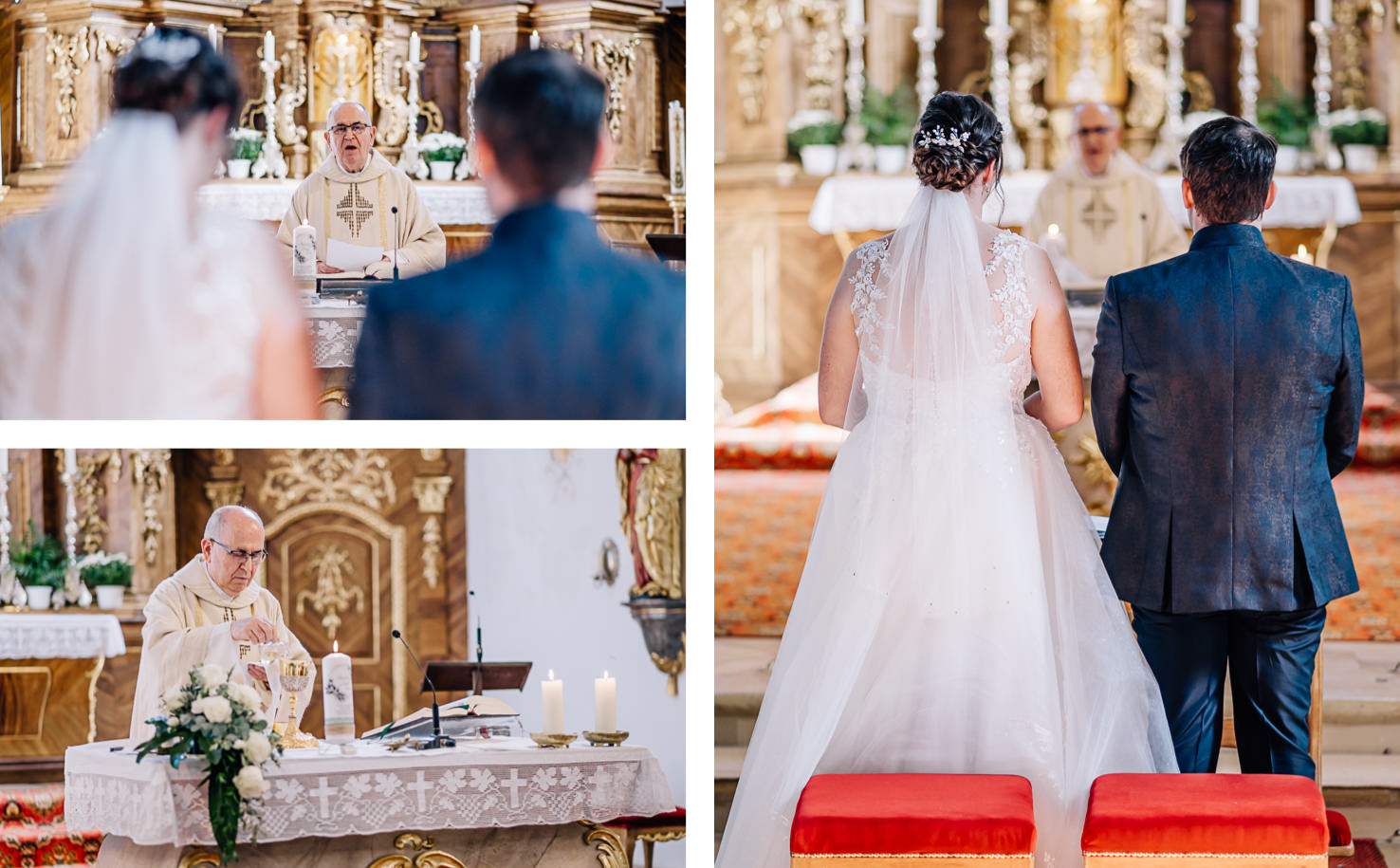 Das Bild zeigt eine Hochzeitszeremonie in einer Kirche aus verschiedenen Blickwinkeln.