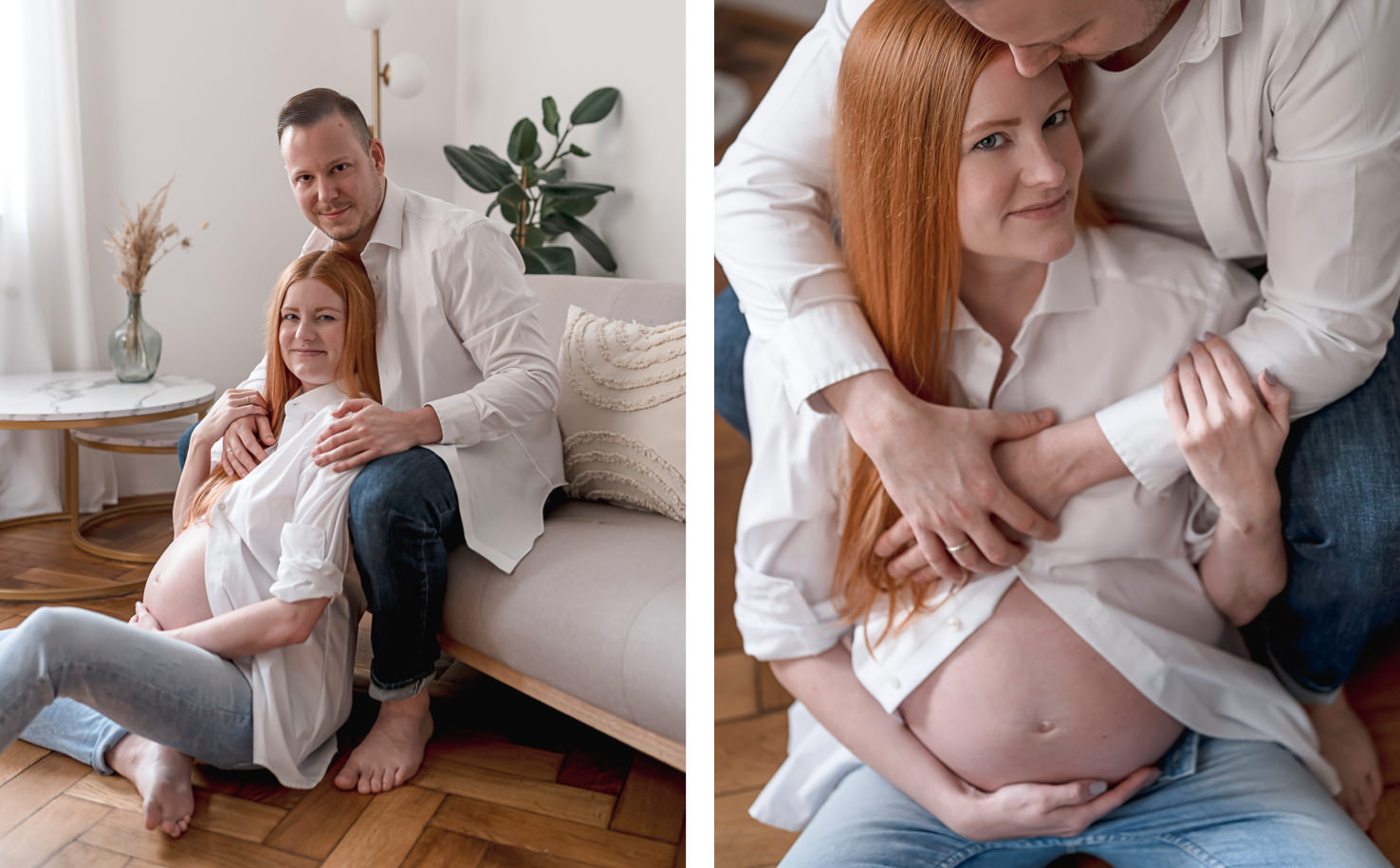 Dieses einfühlsame Schwangerschafts-Porträt, aufgenommen von der Fotografin Mica Zeitz, zeigt ein glückliches Paar in einem hellen, stilvollen Raum, das die Vorfreude auf das Leben mit ihrem Kind zelebriert. Die entspannte Pose und die zärtliche Umarmung fangen die innige Verbindung und den gemeinsamen Weg zur Familiengründung perfekt ein.