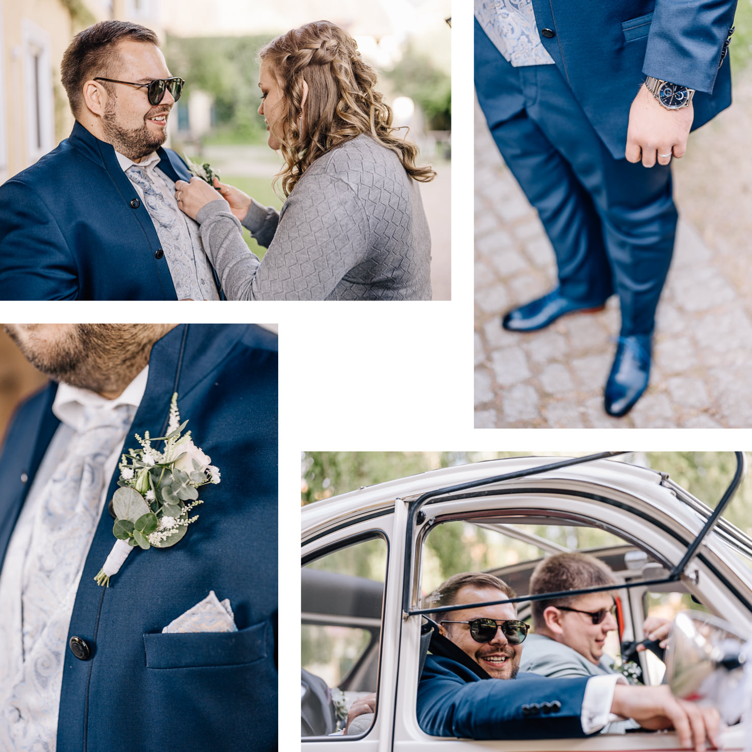 Dieses stilvolle Hochzeitsbild von Mica Zeitz zeigt den Bräutigam in einem eleganten blauen Anzug, während er von einer Frau mit aufmerksamen Gesten unterstützt wird. Die Detailaufnahmen betonen die feinen Accessoires und die entspannte Atmosphäre, die das Hochzeitsevent umgibt.