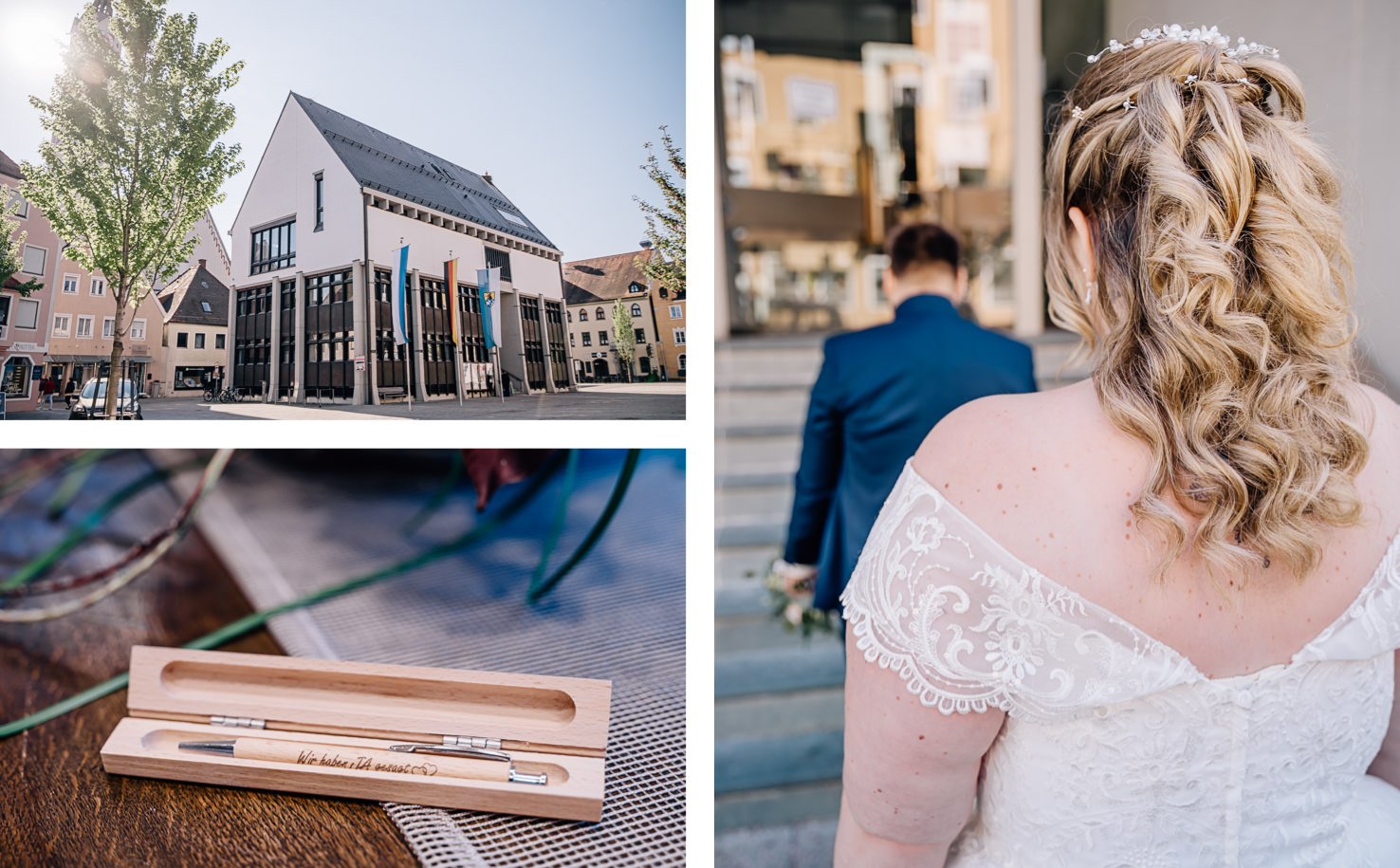 Diese Hochzeitsfotografie von Mica Zeitz fängt den romantischen Moment vor einem modernen, architektonischen Hintergrund ein, ergänzt durch liebevoll gestaltete Details wie einen personalisierten Stift. Die Aufnahme strahlt Freude und Eleganz aus und ist ideal für Brautpaare, die unvergessliche Erinnerungen schaffen möchten.