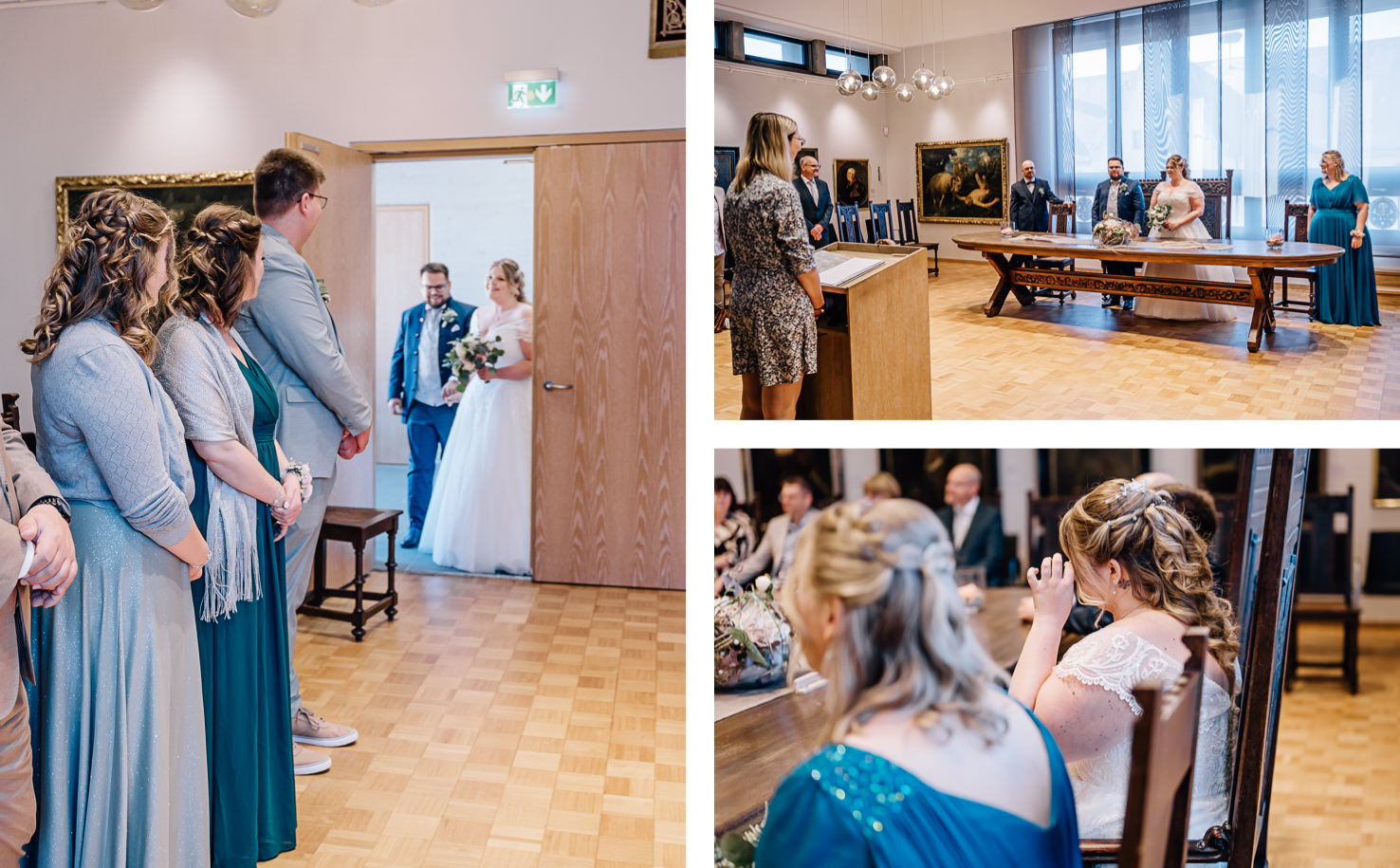 Im festlich dekorierten Raum wird der emotionalste Moment einer Trauung festgehalten, als die Braut gemeinsam mit ihrem Bräutigam den Saal betritt. Die Bildkomposition von Fotografin Mica Zeitz fängt die Vorfreude und die intime Atmosphäre des Hochzeitsereignisses gekonnt ein und schafft bleibende Erinnerungen für das Paar und ihre Angehörigen.
