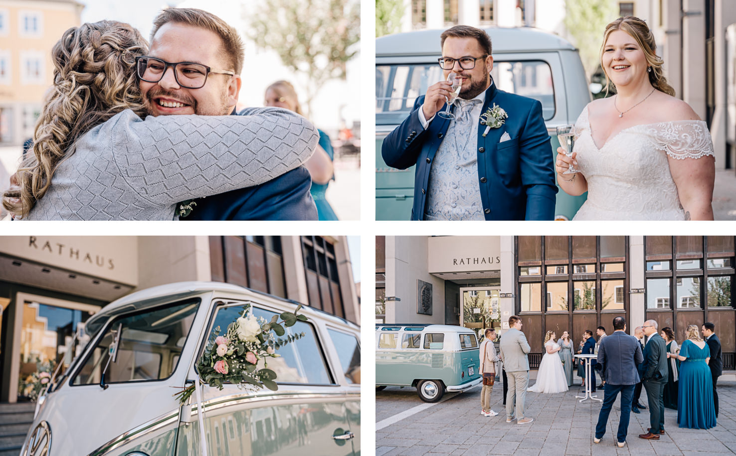 Das Bild zeigt wunderschöne Hochzeitsmomente, eingefangen von Fotografin Mica Zeitz, die das glückliche Paar und emotionale Begegnungen mit Gästen vor dem Rathaus festhält. Die Aufnahmen betonen die festliche Atmosphäre und die beeindruckende Fahrzeugdekoration, die den besonderen Tag unvergesslich machen.