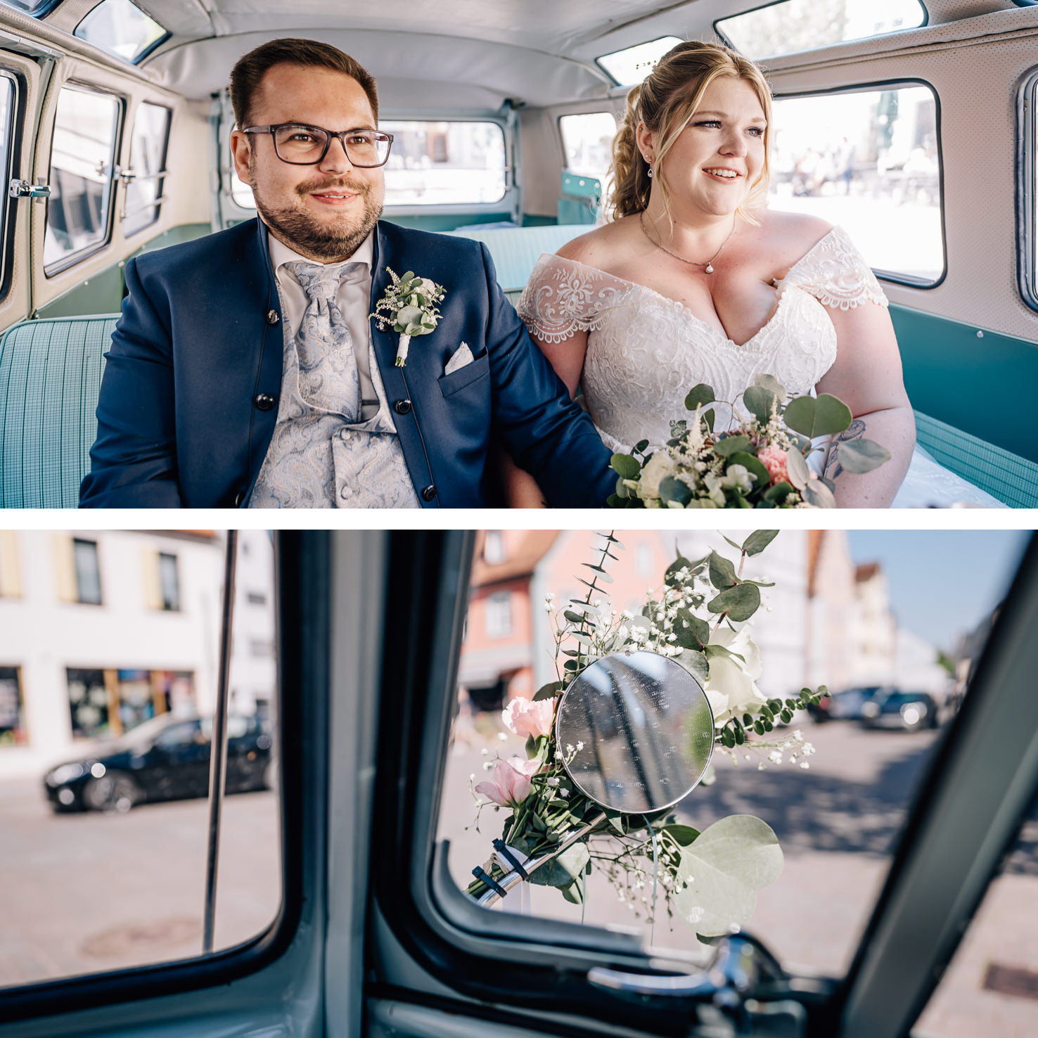 Das romantische Hochzeitsbild von Mica Zeitz zeigt ein glückliches Paar im nostalgischen VW-Bus, während sie ihren besonderen Tag genießen. Die Blumendekoration am Fenster spiegelt die Liebe und den Charme dieser unvergesslichen Feier wider.
