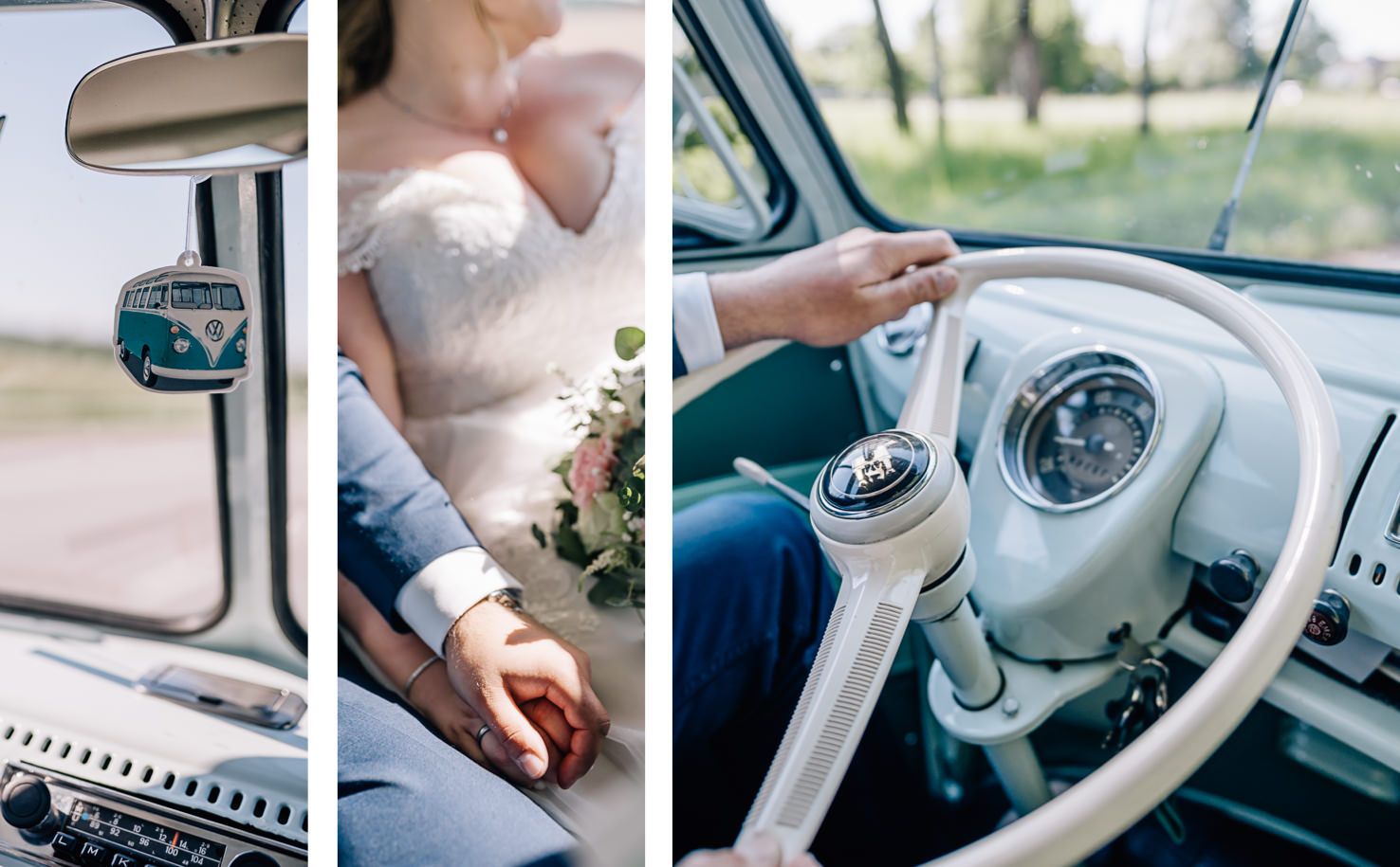 Diese wunderschöne Fotografie von Mica Zeitz fängt den emotionalen Moment eines Brautpaares ein, das sich an einem nostalgischen VW-Bus erfreut, während sie die Fahrt in ihr gemeinsames Leben genießen. Die liebevollen Details, wie die ineinander verschlungenen Hände und die charmante Innenansicht des Fahrzeugs, verleihen dem Bild eine romantische und zeitlose Atmosphäre.