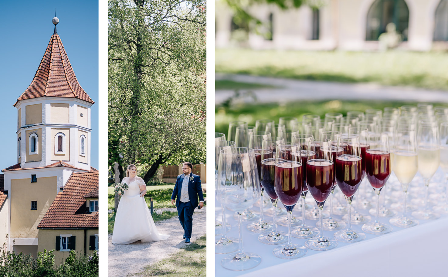 Das Bild von Mica Zeitz zeigt eine romantische Hochzeit im Freien, umgeben von idyllischer Natur und historischer Architektur, die den Zauber des besonderen Tages unterstreicht. Die eleganten Sektgläser und das glückliche Brautpaar vermitteln eine festliche Atmosphäre, die perfekt für hochzeitliche Feiern geeignet ist.