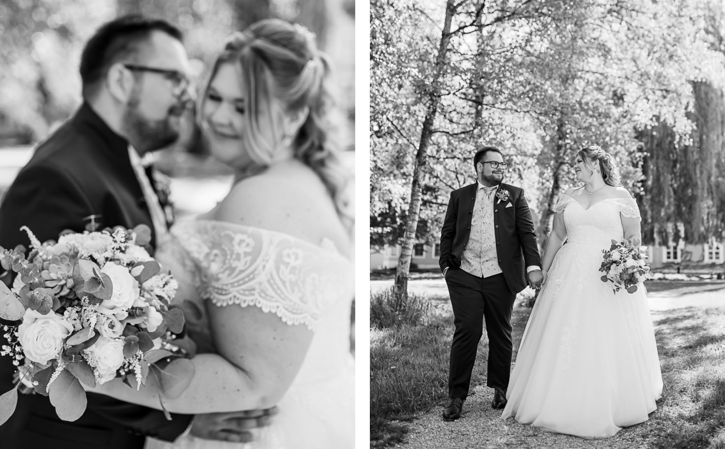 Dieses romantische Hochzeitsbild, festgehalten von der talentierten Fotografin Mica Zeitz, zeigt ein glückliches Paar, das in einem malerischen Garten spaziert, während der Bräutigam liebevoll die Hand der Braut hält. Die Kombination aus emotionaler Nähe und der herrlichen Naturkulisse macht dieses Foto zu einem besonderen Erinnerungsstück für den schönsten Tag im Leben.