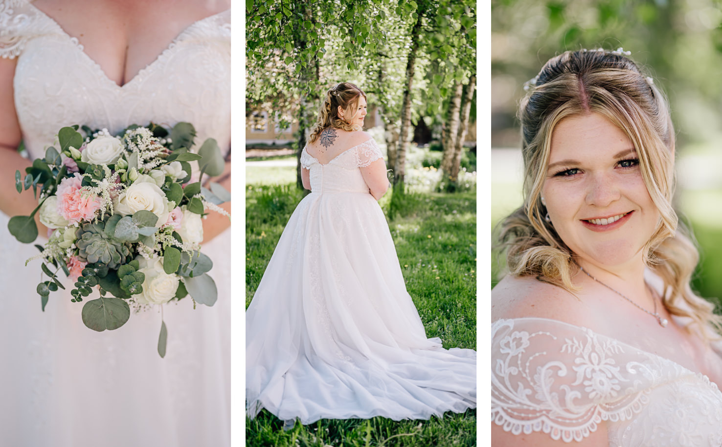 In diesem romantischen Hochzeitsbild von Fotografin Mica Zeitz strahlt die Braut in ihrem eleganten, mit filigranen Details versehenen Brautkleid und hält einen bezaubernden Blumenstrauß in der Hand. Umgeben von der idyllischen Natur, fängt das Bild die Freude und den Zauber des besonderen Tages perfekt ein, während die sanften Farben der Blumen harmonisch mit der frischen Umgebung harmonieren.