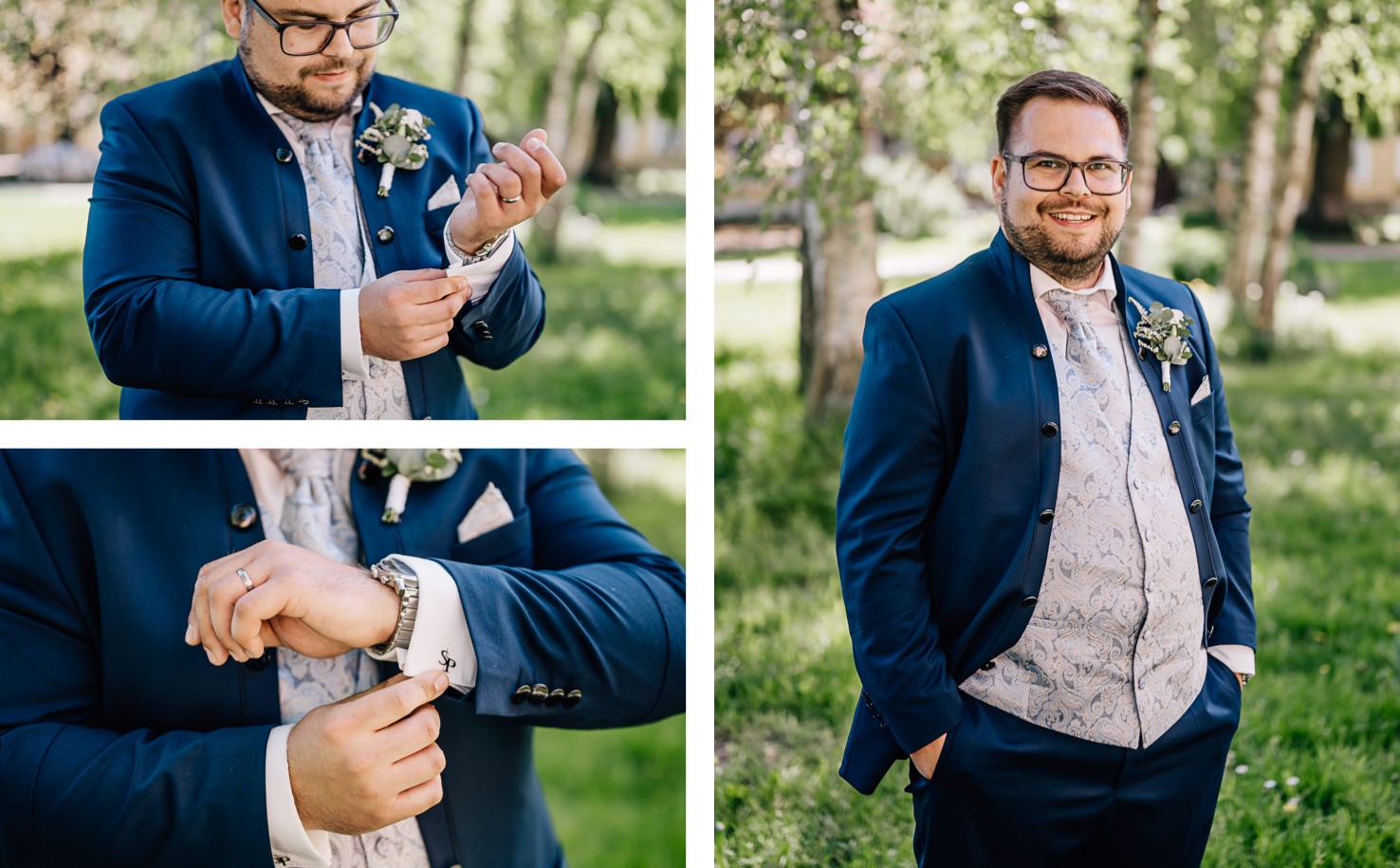 Der stilvoll gekleidete Mann in einem eleganten Anzug bereitet sich auf einen besonderen Anlass vor, während er sein Hemd sorgfältig zurechtrichtet. Dieses beeindruckende Hochzeitsfoto stammt von der talentierten Fotografin Mica Zeitz, die in ihren Aufnahmen emotionale Momente und persönliche Details festhält.