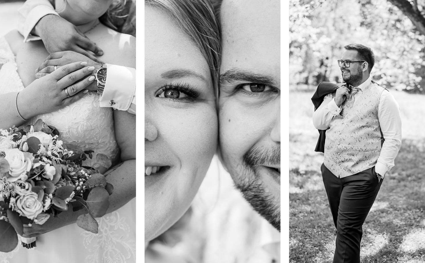 Das beeindruckende Schwarzweißbild von Fotografin Mica Zeitz fängt die Intimität und Freude eines besonderen Moments ein, indem es die Hände des Paares sowie ihre strahlenden Gesichter in den Fokus rückt. Die emotionale Verbindung und der festliche Anlass verleihen den Bildern eine zeitlose Eleganz.