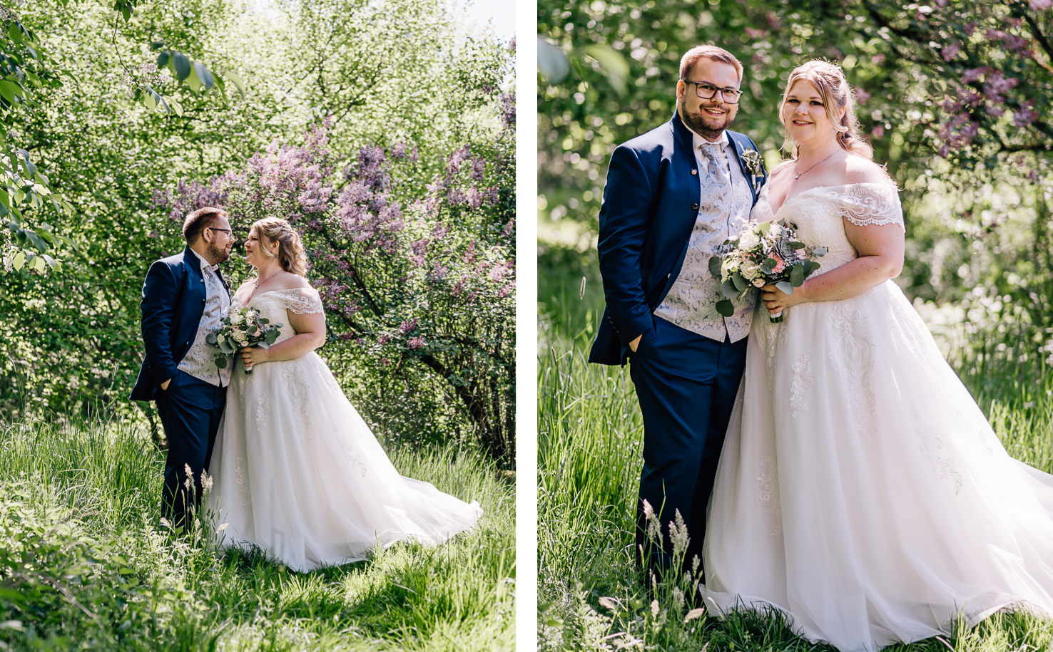 Dieses wunderschöne Hochzeitsfoto von Mica Zeitz fängt das glückliche Paar in einer malerischen, blühenden Parklandschaft ein, umgeben von üppigem Grün und leuchtenden Lilien. Die Braut strahlt in ihrem eleganten Kleid, während der Bräutigam charmant an ihrer Seite steht und gemeinsam ihre Liebe in einem romantischen Moment zelebriert.