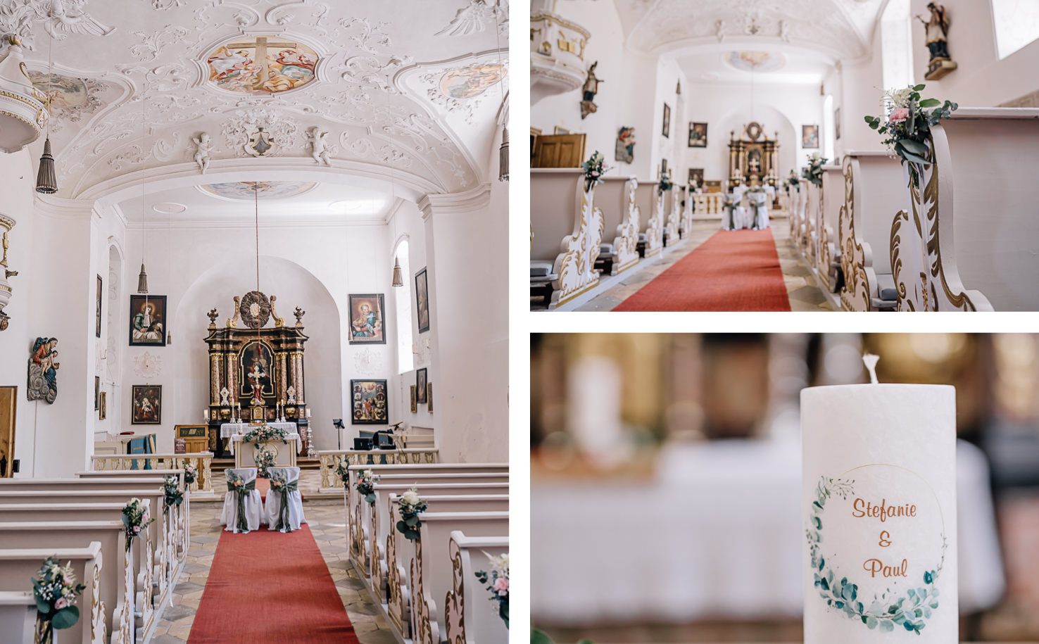 Das wunderschöne Hochzeitsbild von Mica Zeitz zeigt eine romantische Kirche mit kunstvollem Deckenfresko, liebevoll dekorierten Bänken und dem roten Teppich, der zum Altar führt. Die detailreiche Gestaltung der Hochzeitskerze mit den Namen „Stefanie & Paul“ fängt die zauberhafte Atmosphäre des besonderen Tages perfekt ein.