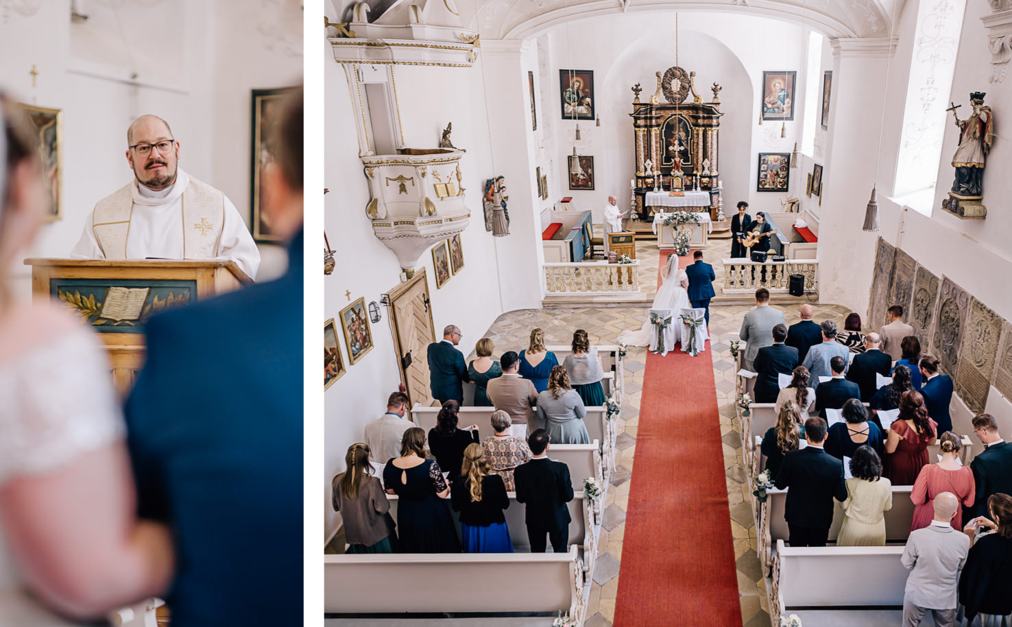 Das stilvolle Hochzeitsfoto von Mica Zeitz fängt den emotionalen Moment einer Trauung in einer malerischen Kirche ein, während der Blick auf das Brautpaar und den feierlichen Altar gerichtet ist. Die harmonische Anordnung der Gäste ergänzt die festliche Atmosphäre und unterstreicht die Bedeutung dieses besonderen Anlasses.