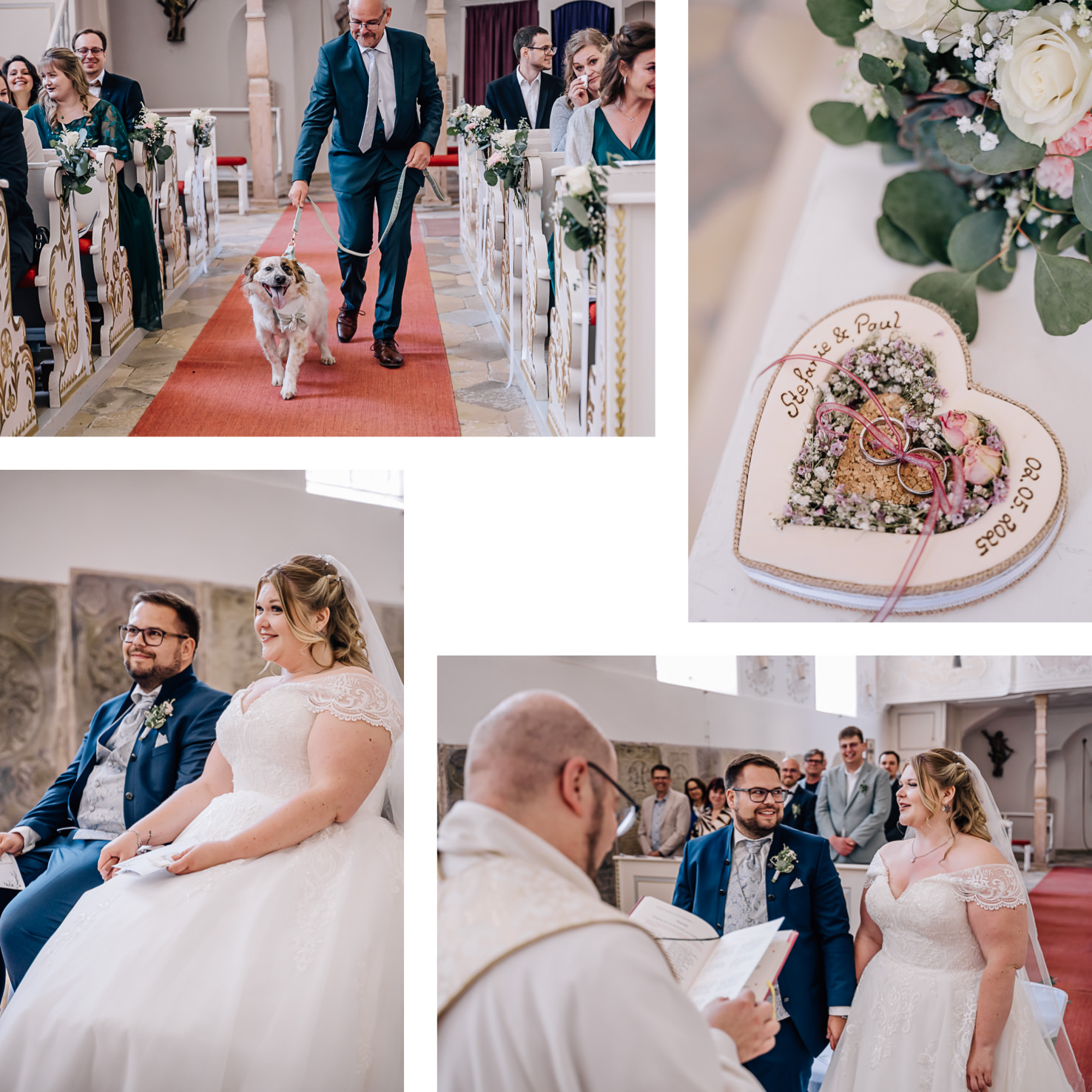 Die eindrucksvollen Hochzeitsfotos von Mica Zeitz zeigen emotionale Momente der Zeremonie, in der das Brautpaar liebevoll im Mittelpunkt steht, während sie von Freunden und Familie umgeben sind. Ein besonders berührender Höhepunkt ist der Einzug des Ringträgers, der den Tag mit einem charmanten Hund bereichert und somit die herzliche Atmosphäre der Feier unterstreicht.