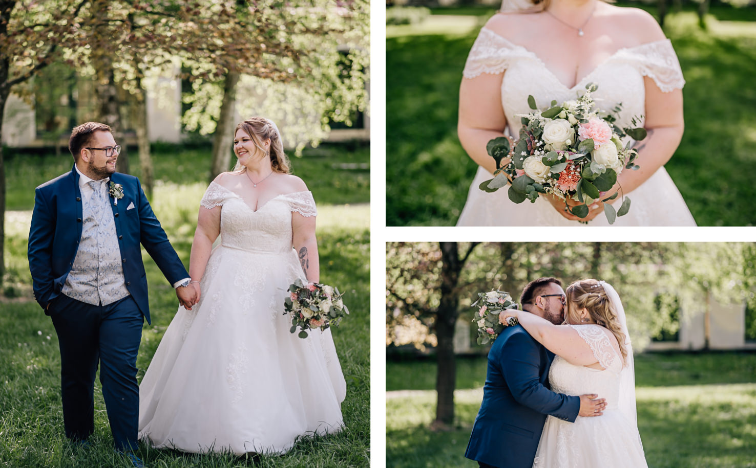 In einem romantischen Gartenblick festgehalten von Fotografin Mica Zeitz, strahlen das Brautpaar Freude und Zuneigung aus, während sie Händchen haltend durch die Natur spazieren. Die Braut trägt ein elegantes Hochzeitskleid und hält einen bunten Blumenstrauß, was die liebevolle Atmosphäre perfekt unterstreicht.