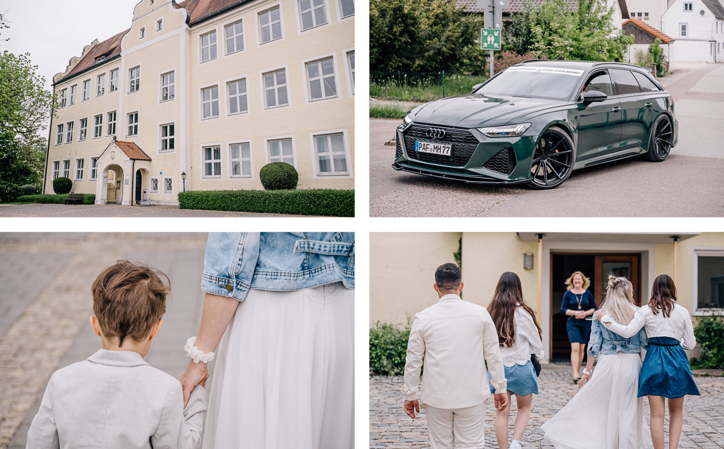 Das Bild zeigt eine elegante Hochzeitsszene mit einem stilvollen Audi RS7 und einer malerischen Architektur im Hintergrund, festgehalten von der Fotografin Mica Zeitz. Die Zusammensetzung der einzelnen Momente, von den Vorbereitungen bis zur emotionalen Ankunft, vermittelt eine Atmosphäre von Liebe und festlicher Freude.