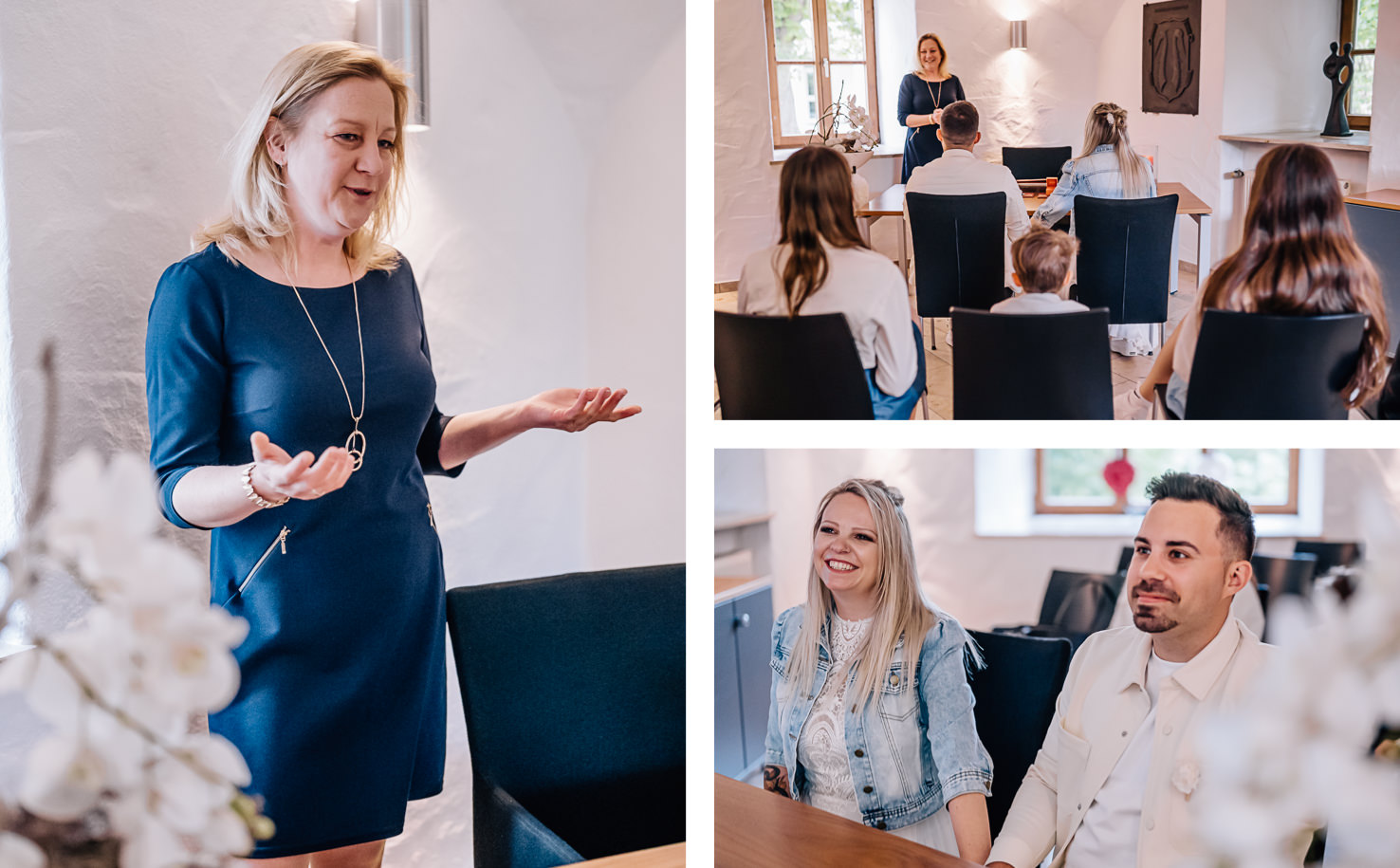 In einem eleganten Raum hält eine professionelle Rednerin, festgehalten von Fotografin Mica Zeitz, eine inspirierende Ansprache vor einer Gruppe von Zuhörern, die gebannt zuhören. Die Atmosphäre ist warm und einladend, während das Bild eine perfekte Balance zwischen Empathie und Professionalität vermittelt, ideal für Veranstaltungen oder Seminare.