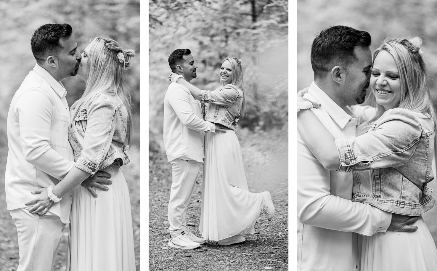 In diesem romantischen Schwarz-Weiß-Bild von Mica Zeitz umarmen sich ein glückliches Paar im Wald, während sie Liebe und Zuneigung füreinander ausdrücken. Die emotionale Verbindung wird durch die sanfte Lichtstimmung und die natürliche Umgebung beautifully hervorgehoben, was das Bild ideal für Hochzeits- und Paarfotografie macht.