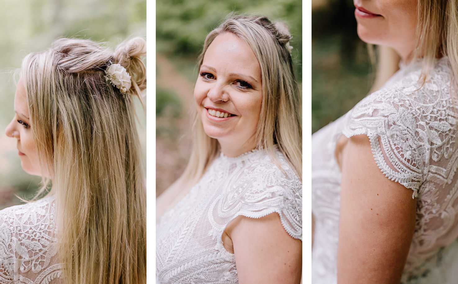 Das wunderschöne Porträt einer Frau mit langem, glattem Haar und einem filigranen, weißen Spitzenkleid fängt die natürliche Schönheit und Eleganz in einer malerischen Waldumgebung ein. Fotografiert von Mica Zeitz, strahlt das Bild eine fröhliche und romantische Atmosphäre aus, die perfekt für Hochzeiten oder besondere Anlässe geeignet ist.