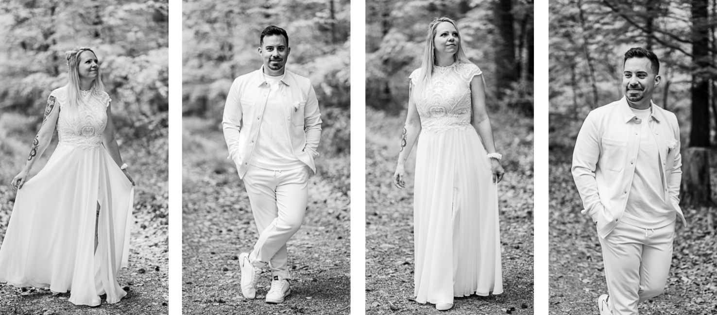 Das Bild zeigt ein modernes Paar, das in einer romantischen Waldumgebung posiert, gekleidet in elegantem, stilvollem Weiß, perfekt für Hochzeits- oder Verlobungsfotos. Fotografiert von Mica Zeitz, strahlt die Szene zeitlose Liebe und natürliche Schönheit aus, ideal für Paare, die ihre Verbindung festhalten möchten.