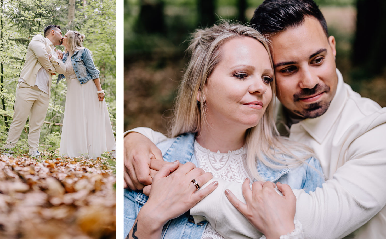 In diesem romantischen Paarshooting von Fotografin Mica Zeitz erleben wir die Liebe der beiden Protagonisten inmitten einer zauberhaften Waldkulisse, wo sich zarte Zärtlichkeiten und emotionale Momente entfalten. Die harmonische Kombination aus eleganter Hochzeitsmode und natürlicher Umgebung schafft eine unvergessliche Atmosphäre, die perfekt für Hochzeitsfotografie und Verlobungsshootings ist.