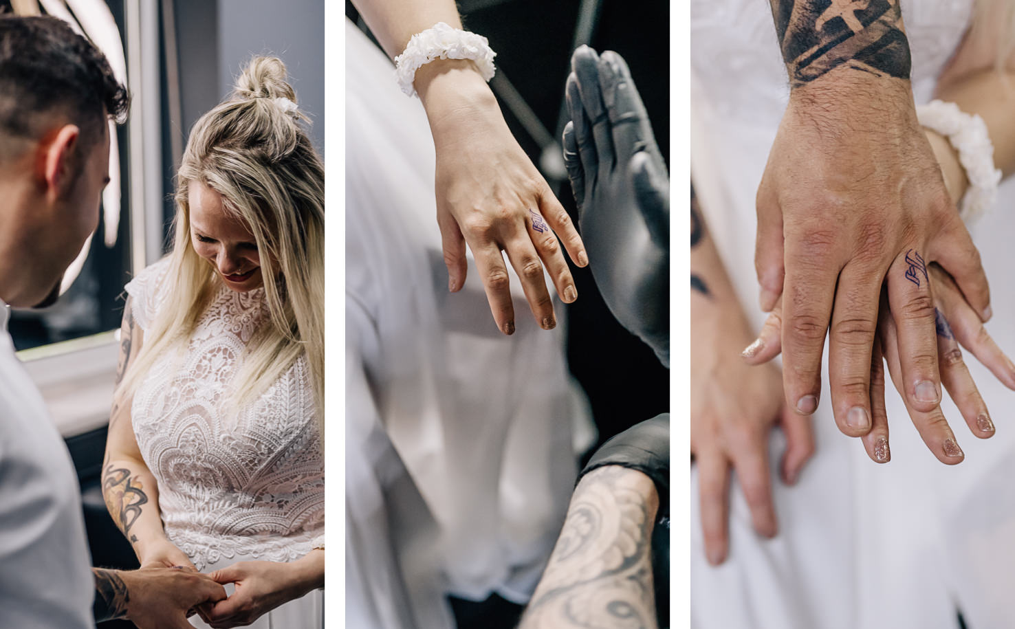 In diesem emotionalen Moment, festgehalten von der Fotografin Mica Zeitz, wird die liebevolle Verbindung zwischen zwei Menschen durch zarte Berührungen und symbolische Tätowierungen sichtbar. Die Ausstrahlung der Braut und die kunstvollen Details der Hand-Gesten schaffen eine romantische Atmosphäre, die Hochzeitsfeiern und intime Zeremonien perfekt widerspiegelt.