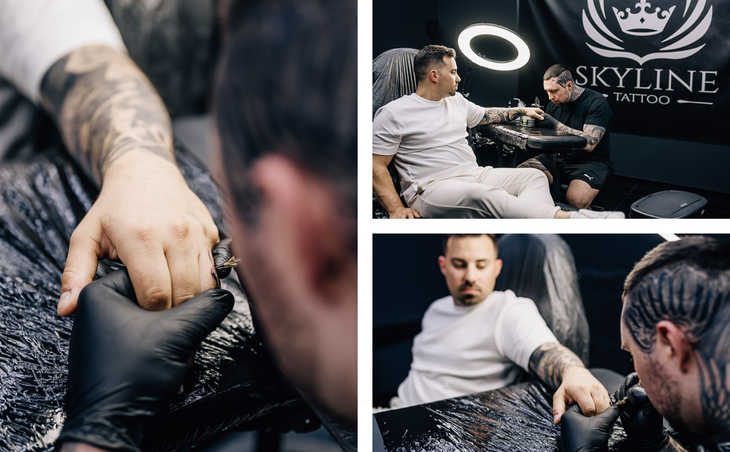 Das Bild von Mica Zeitz fängt den kreativen Prozess eines Tattoos in einem modernen Studio ein, in dem sich der Künstler und der Kunde in einem sorgfältigen Austausch befinden. Die intime Atmosphäre und das detailreiche Handwerk unterstreichen die Kunst des Tätowierens als Ausdruck von Individualität und Stil.