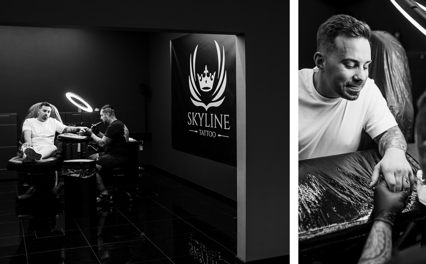 In dieser ausdrucksstarken schwarz-weiß Aufnahme von Mica Zeitz wird der kreative Schaffensprozess im Skyline Tattoo-Studio festgehalten, wo ein Tätowierer konzentriert an einem Detail arbeitet. Diese Bildkomposition fängt nicht nur die Kunst des Tätowierens ein, sondern vermittelt auch das Gefühl von Vertrauen und Hingabe zwischen Künstler und Kunde.
