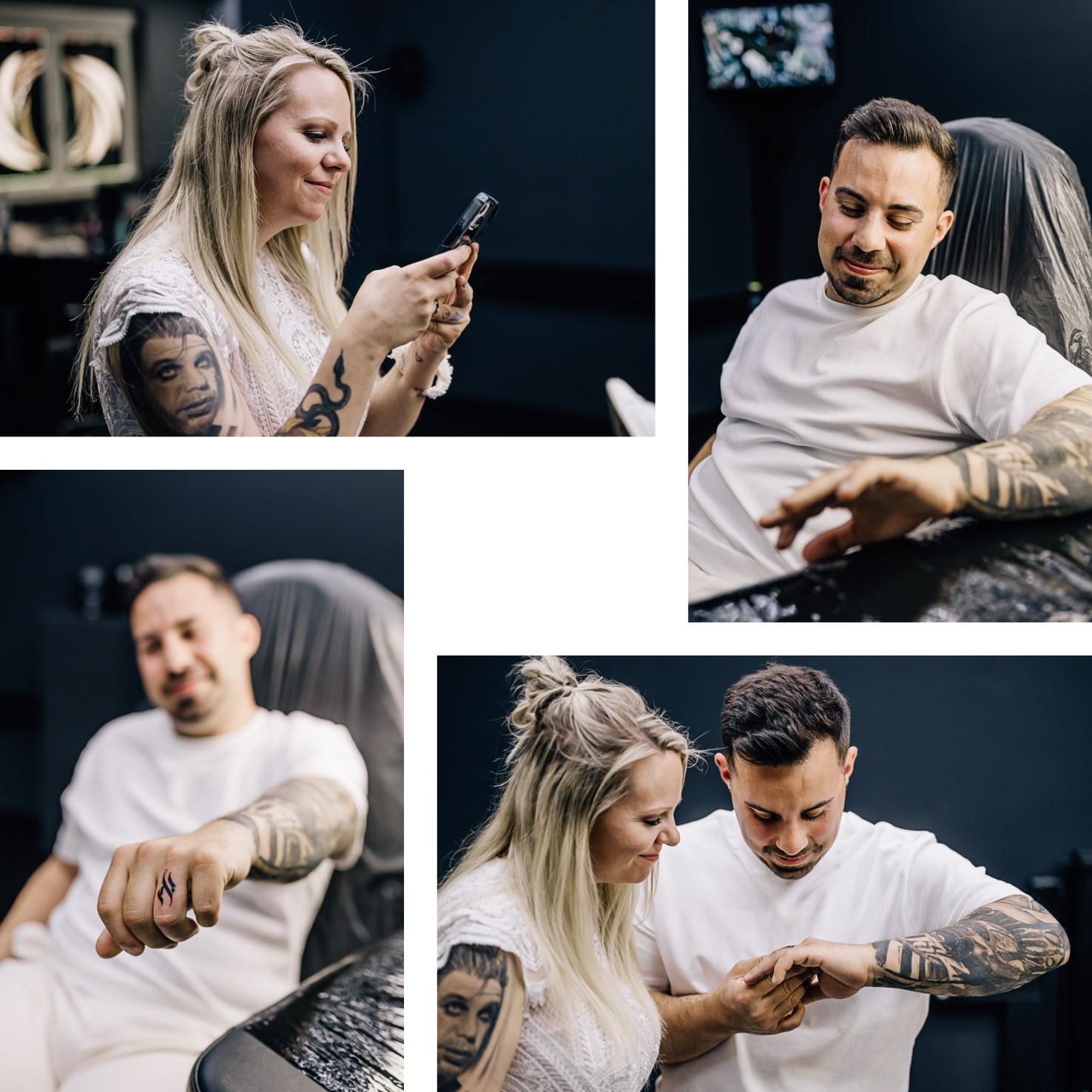In diesem fesselnden Fotografie-Set von Mica Zeitz wird die intime und kreative Atmosphäre eines Tattoo-Studios eingefangen, während ein Paar gemeinsam bedeutungsvolle Tattoos betrachtet und sich gegenseitig unterstützt. Die ausdrucksvollen Porträts zelebrieren die Verbindung zwischen Kunst, Selbstexpression und zwischenmenschlicher Nähe.