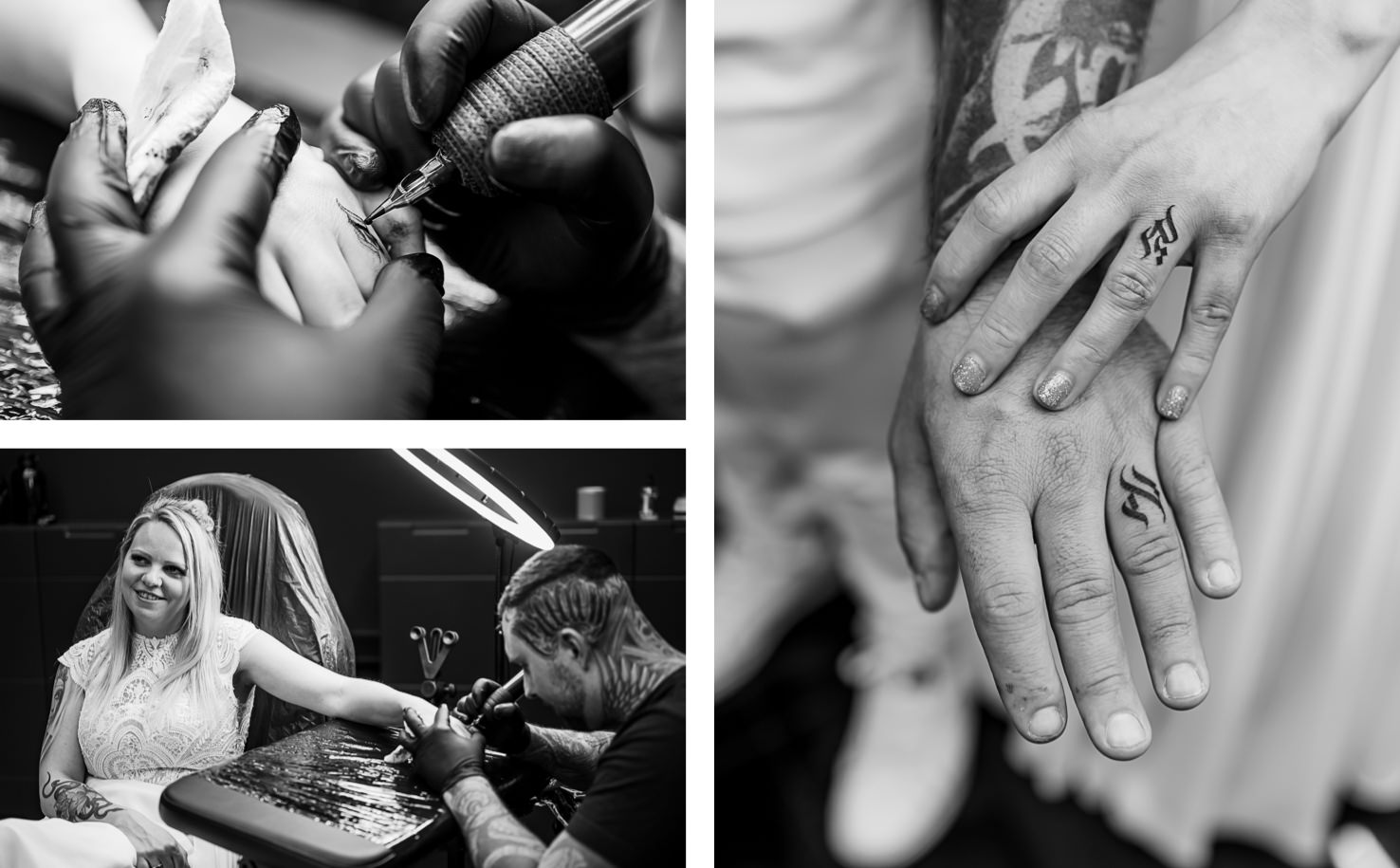 Das eindrucksvolle Bild von Fotografin Mica Zeitz fängt den kreativen Prozess eines Tattoos fest, während eine Braut gelassen im Studio sitzt und die Kunst des Tätowierens erlebt. Die harmonische Verbindung zwischen Braut und Tätowierer wird durch die detailreiche Darstellung der Hände mit frischen Tattoos unterstrichen, was die Individualität und den besonderen Moment unterstreicht.