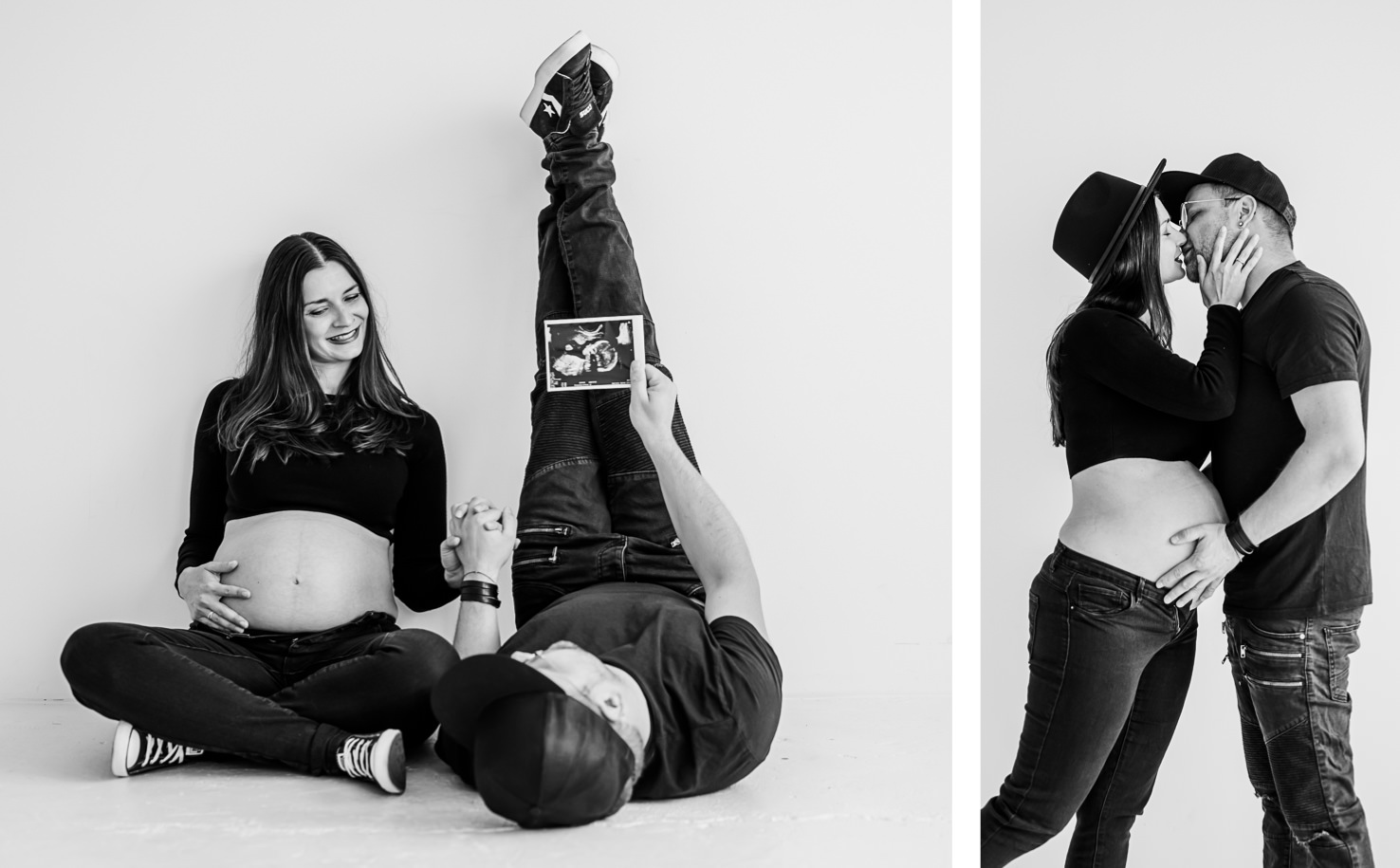 Diese ansprechende Schwarz-Weiß-Fotografie von Mica Zeitz zeigt ein schwangeres Paar, das liebevoll interagiert, während sie ihre Vorfreude auf das kommende Baby ausdrücken. Die Kombination aus intimem Moment und kreativer Pose bietet eine perfekte Dokumentation der Schwangerschaft und der starken Bindung zwischen den werdenden Eltern.