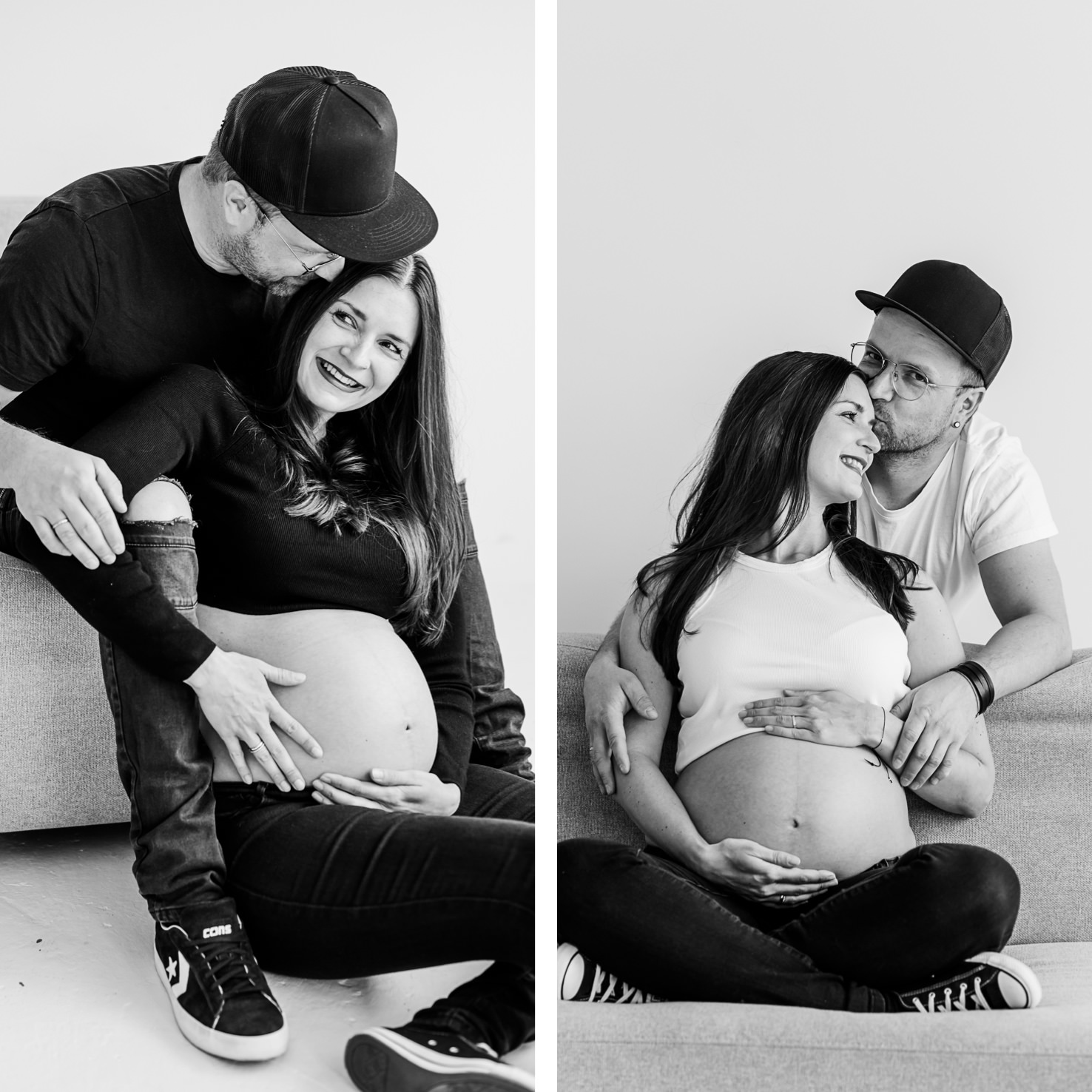 In diesem einfühlsamen Schwarz-Weiß-Porträt von Mica Zeitz strahlt das werdende Elternpaar Freude und Zuneigung aus, während sie liebevoll den Babybauch umarmen. Die intime Atmosphäre und die natürliche Pose machen dieses Bild zu einer perfekten Erinnerung an die Vorfreude auf das neue Leben.