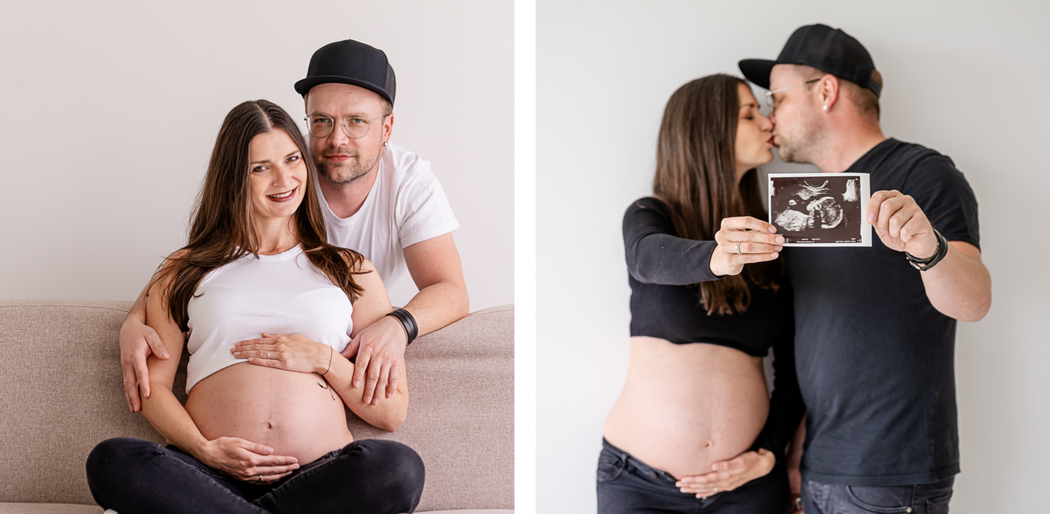 Das berührende Bild von Mica Zeitz zeigt werdende Eltern in inniger Zweisamkeit, während sie stolz den Babybauch und ein Ultraschallbild präsentieren. Diese emotionale Momentaufnahme symbolisiert die Vorfreude und Liebe auf den neuen Lebensabschnitt.