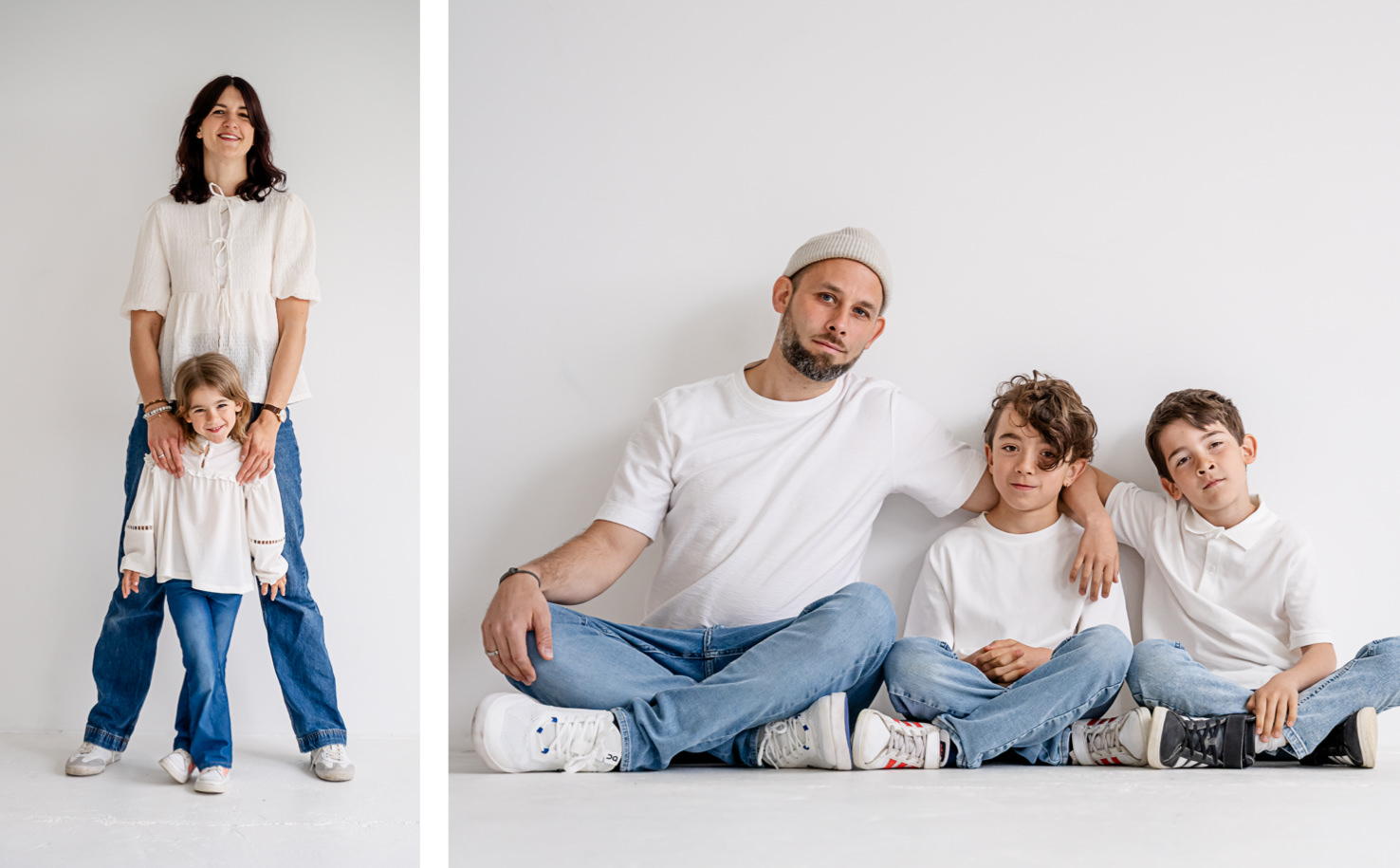 In den einfühlsamen Porträts von Fotografin Mica Zeitz strahlen Familienbande und kindliche Freude. Die Kombination aus modernen Outfits und einem hellen Hintergrund schafft eine einladende Atmosphäre, die die besondere Beziehung zwischen Eltern und Kindern wunderbar einfängt.