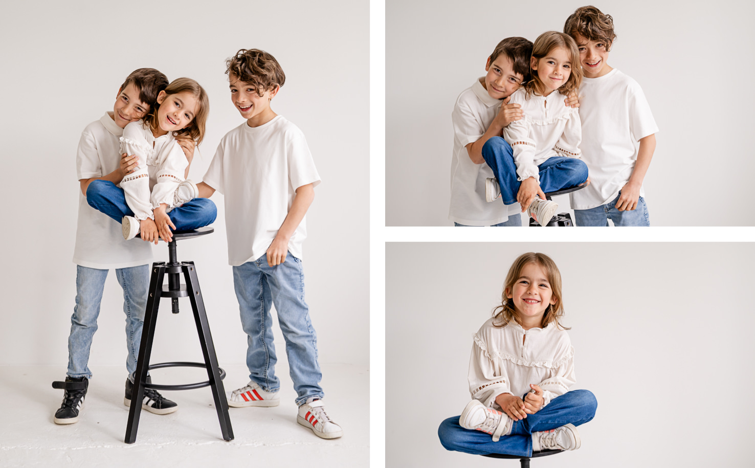 Dieses lebendige Portrait von Geschwistern, festgehalten von der talentierten Fotografin Mica Zeitz, zeigt die Freude und Unbeschwertheit der Kindheit in einem minimalistischen Stil. Die harmonischen Farben und die natürlichen Posen der Kinder schaffen eine einladende Atmosphäre, perfekt für Familienfotografie und Kindermode.