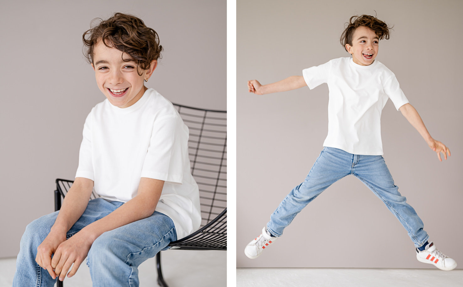 Das fröhliche Porträt eines Jungen, festgehalten von der Fotografin Mica Zeitz, zeigt ihn in lässiger Kleidung und einer lebendigen Pose, die seine Spritzigkeit und Lebensfreude widerspiegelt. Mit neutralem Hintergrund strahlt das Bild kindliche Unbeschwertheit aus und eignet sich ideal für familienorientierte Inhalte oder Kinderbekleidungsmarken.