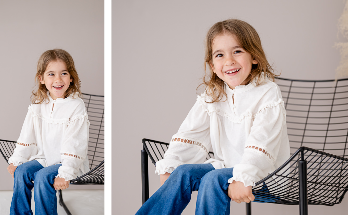 In diesem bezaubernden Porträt, fotografiert von Mica Zeitz, lächelt ein Kind fröhlich auf einem modernen Stuhl, gekleidet in einer eleganten, weißen Bluse, die durch liebevolle Details besticht. Die sanften Farbtöne und die natürliche Ausstrahlung des Kindes schaffen eine einladende Atmosphäre für Kinderfotografie und Lifestyle-Portraits.