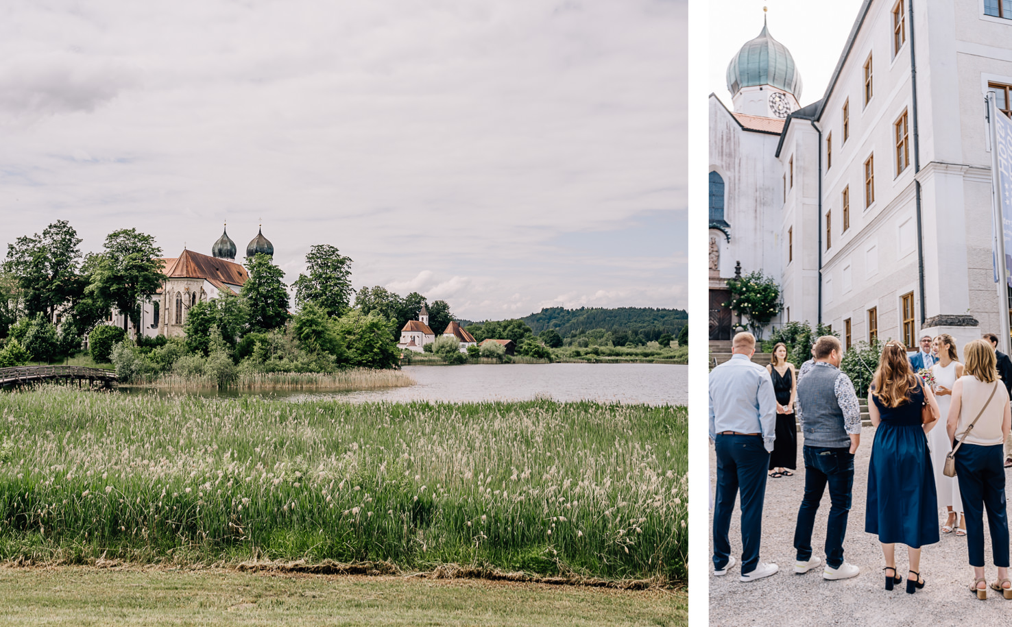Das Bild von Fotografin Mica Zeitz präsentiert eine malerische Landschaft mit einer idyllischen Wasserstelle und einer historischen Architektur im Hintergrund, umgeben von üppigem Grün. Die Szenerie strahlt eine harmonische Verbindung von Natur und Kulturerbe aus, ideal für Hochzeitsfotografie und Event-Planung.