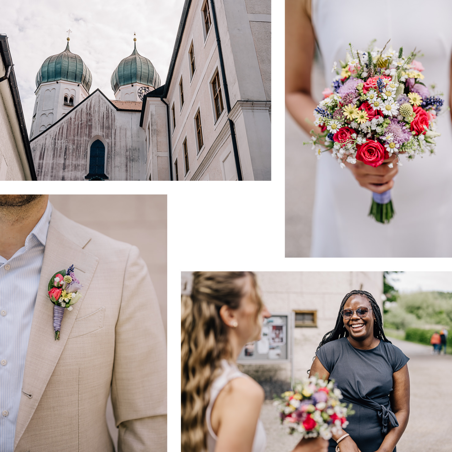 Die beeindruckenden Hochzeitsmomente, festgehalten von der Fotografin Mica Zeitz, zeigen lebendige Blumenarrangements und festliche Stimmung in einer malerischen Kulisse. Die Kombination aus eleganter Mode und herzlichem Lachen macht diese Bilder zu unvergesslichen Erinnerungen an einen besonderen Tag.