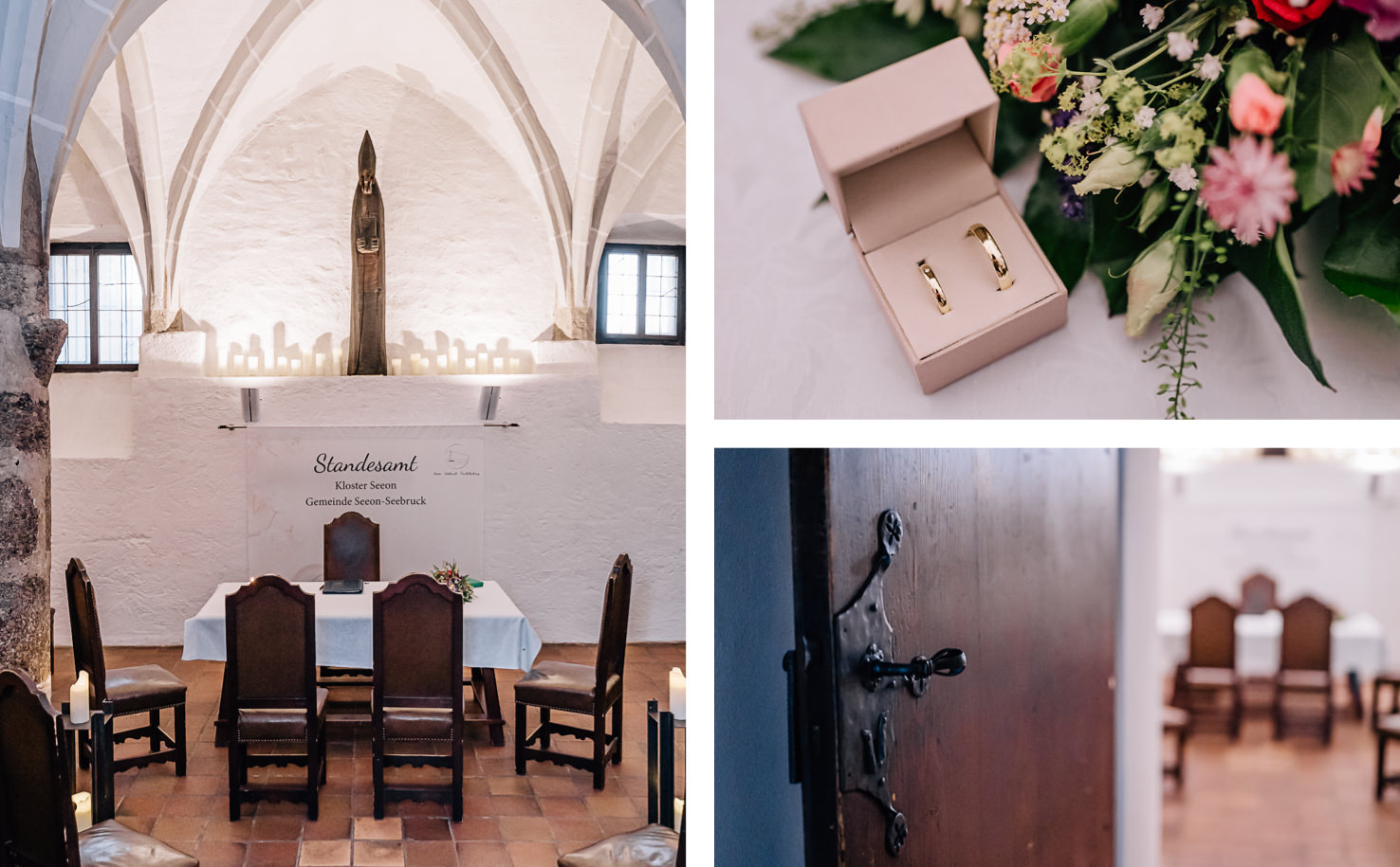 In der beeindruckenden Kulisse des Standesamts im Kloster Seeon haben die Aufnahmen von Fotografin Mica Zeitz eine romantische Atmosphäre eingefangen, die durch die elegant dekorierten Ringe und frische Blumenarrangements unterstrichen wird. Die historischen Elemente und die sanfte Beleuchtung schaffen einen perfekten Rahmen für unvergessliche Trauungen in dieser malerischen Location.