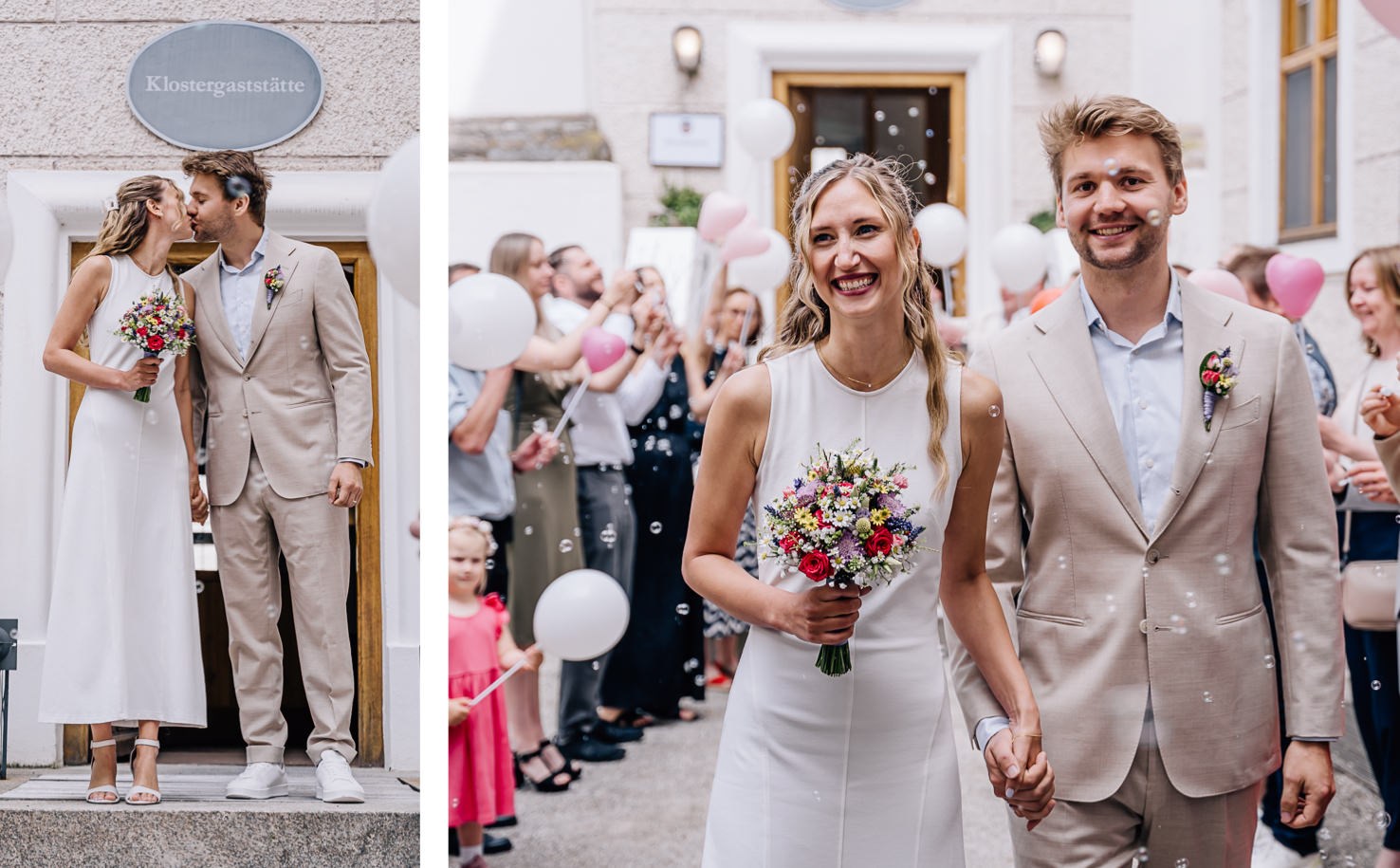 Das romantische Hochzeitsfoto von Mica Zeitz zeigt ein glückliches Brautpaar, das unter einem Strahl von Seifenblasen den Eingang zur Klostergaststätte verlässt und von Freunden und Familienmitgliedern gefeiert wird. Die bräutliche Eleganz mit buntem Blumenstrauß und festlicher Atmosphäre schafft eine unvergessliche Kulisse für den schönsten Tag im Leben.