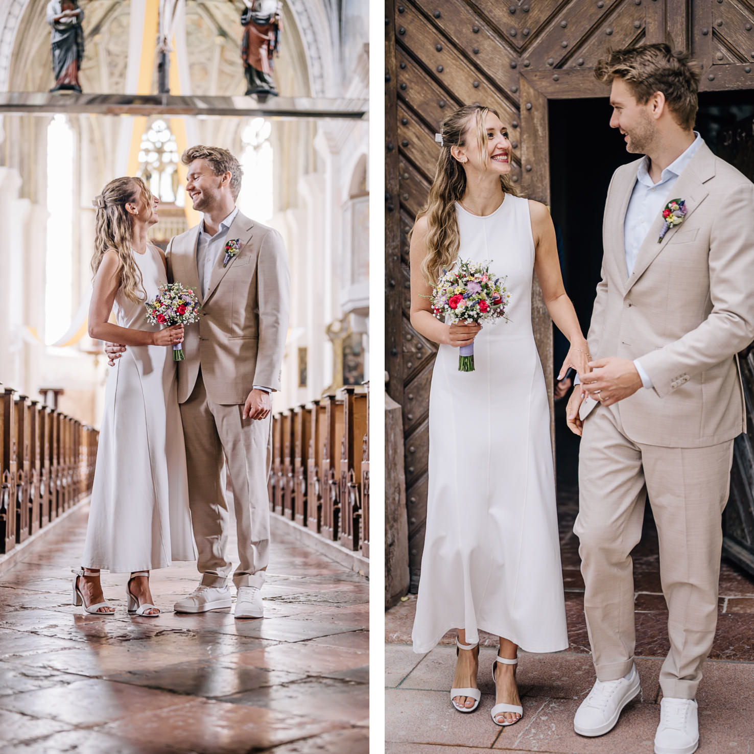 Dieses romantische Hochzeitsbild von Fotografin Mica Zeitz zeigt ein glückliches Paar in einer eindrucksvollen Kirche, bereit für ihren besonderen Tag. Die stilvolle Braut in einem eleganten weißen Kleid und der Bräutigam in einem legeren Anzug strahlen Freude und Liebe aus, was die perfekte Atmosphäre für eine unvergessliche Hochzeitszeremonie schafft.