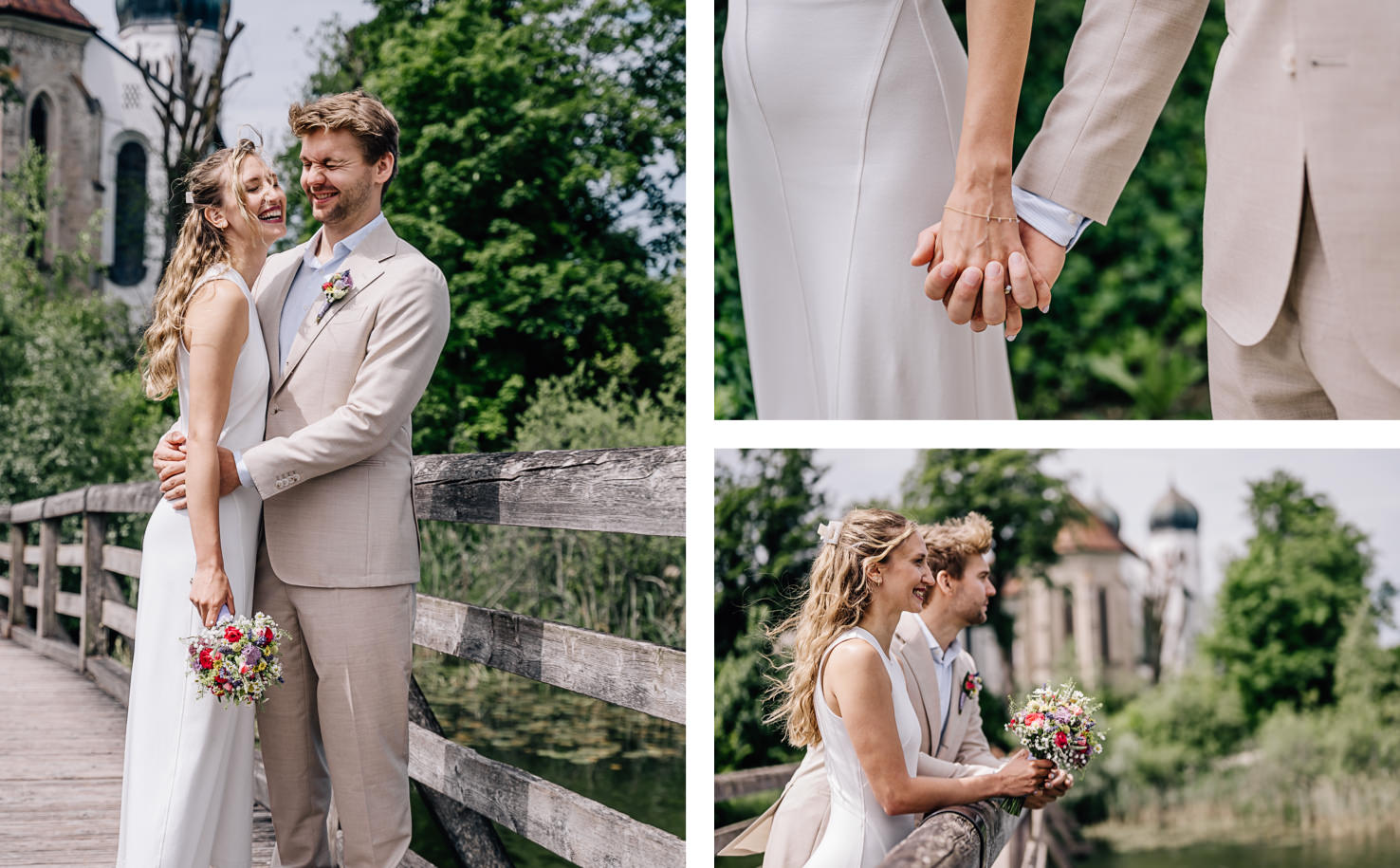 Dieses romantische Hochzeitsbild, festgehalten von Fotografin Mica Zeitz, zeigt ein glückliches Paar, das sich liebevoll auf einer Brücke umarmt. Die fröhlichen Gesichter, das elegante Outfit und die blühende Natur im Hintergrund verkörpern die perfekte Kulisse für unvergessliche Hochzeitsmomente.
