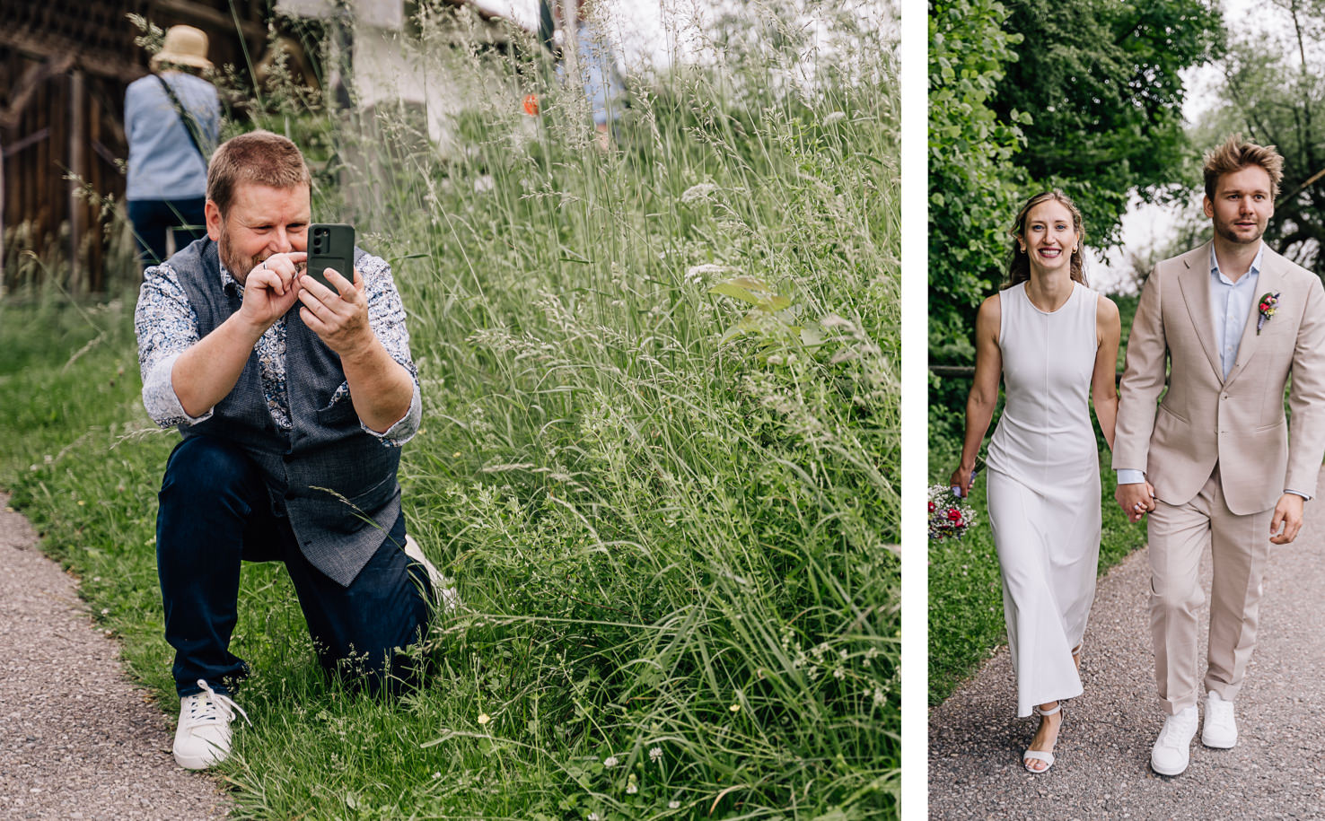 Auf diesem stimmungsvollen Bild von Mica Zeitz wird ein besonderer Moment während einer Hochzeit festgehalten: ein neugieriger Fotograf, der inmitten von hohen Gräsern eine Szene festhält, während das glückliche Brautpaar Hand in Hand spaziert. Diese Aufnahme vermittelt die romantische Atmosphäre des Ereignisses und die Freude des Augenblicks, perfekt für Hochzeitsfotografie und unvergessliche Erinnerungen.