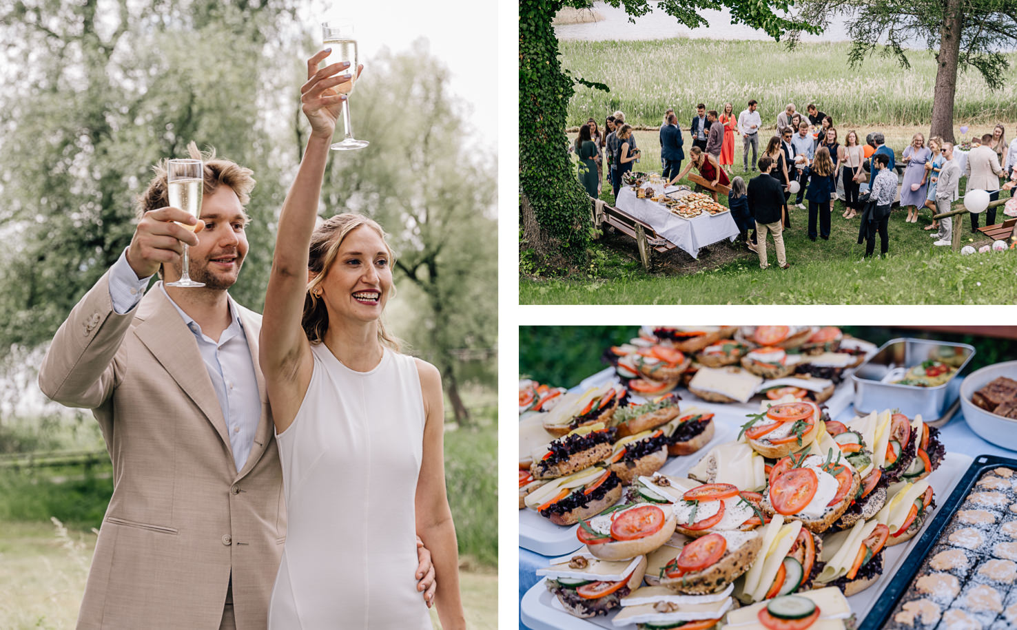 Das festliche Bild von Mica Zeitz fängt einen glücklichen Moment auf einer Feier ein, bei dem ein Paar mit Sektgläsern anstoßen. Im Hintergrund belebt eine Gruppe von Gästen eine einladende Buffet-Tafel, die mit köstlichen Snacks und einer idyllischen Naturkulisse geschmückt ist.
