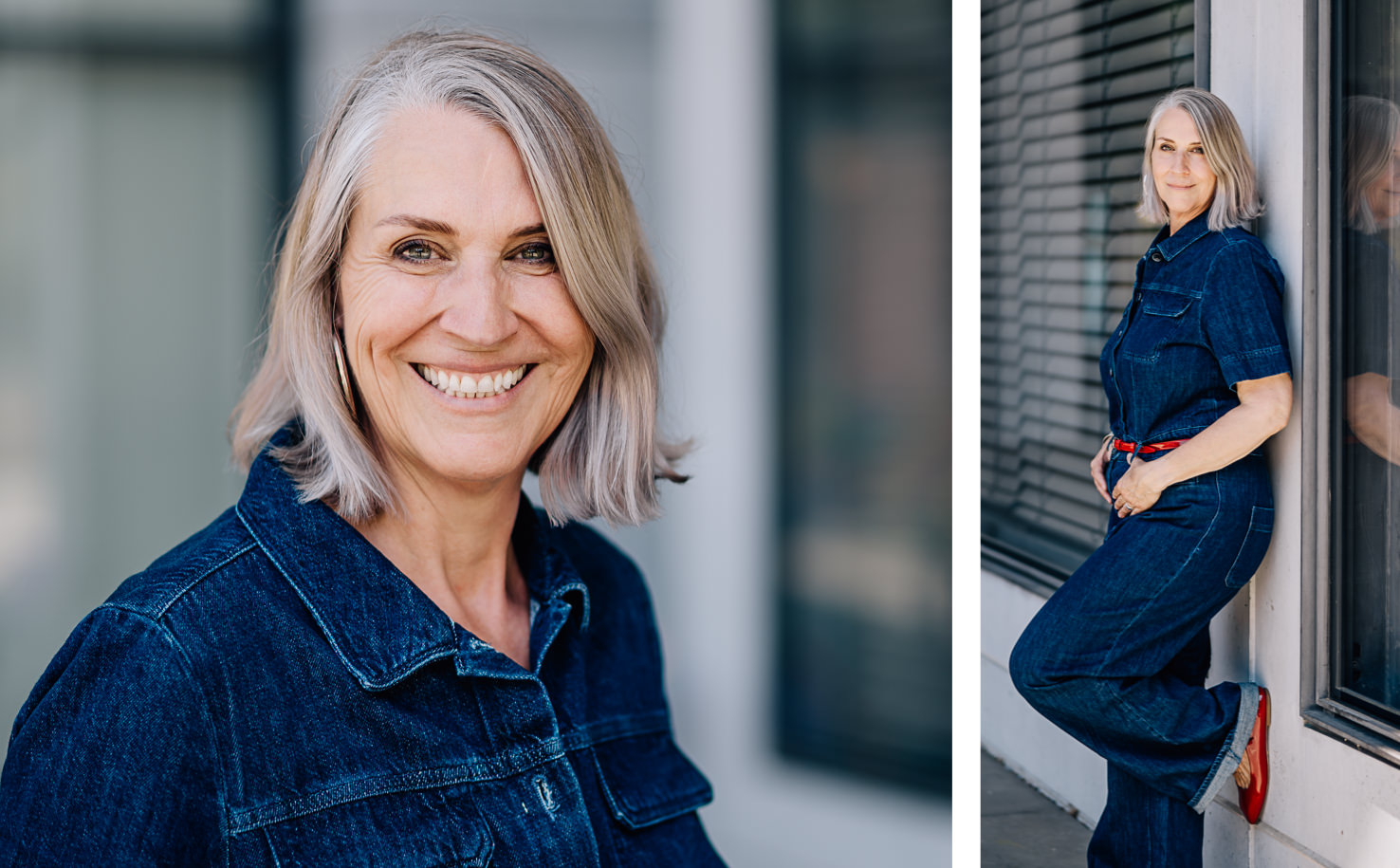 Das moderne Portrait von Mica Zeitz zeigt eine selbstbewusste Frau in einem stilvollen Denim-Outfit, die mit einem strahlenden Lächeln und lässiger Pose an einer Wand lehnt. Die harmonische Verbindung von Mode und Persönlichkeit macht dieses Bild zu einer perfekten Darstellung des zeitgenössischen Portraitstils.