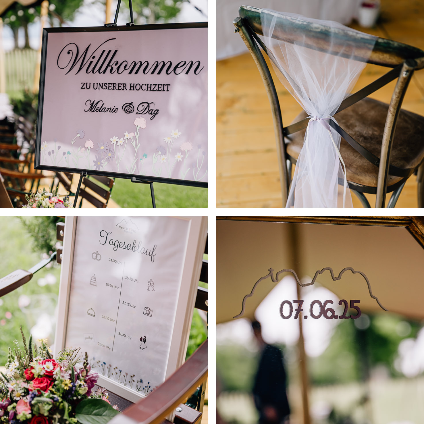 Die stilvolle Hochzeitsdekoration von Melanie und Dag, eingefangen von Fotografin Mica Zeitz, umfasst liebevoll gestaltete Willkommensschilder und einen klaren Tagesablauf, die eine persönliche Note zur Feierlichkeit bringen. Mit floralen Akzenten und elegantem Tüll wird eine warme Atmosphäre geschaffen, ideal für unvergessliche Hochzeitsmomente.
