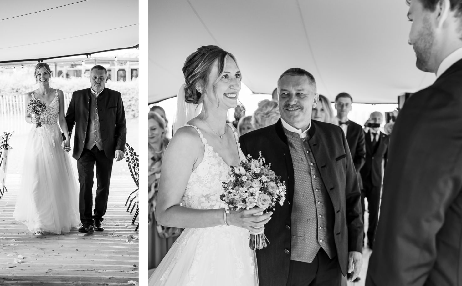 In diesem emotionalen Hochzeitsmoment, festgehalten von Fotografin Mica Zeitz, sehen wir die Braut, die glücklich mit ihrem Vater den Gang entlang schreitet, während die Vorfreude auf den großen Tag in der Luft liegt. Die zarte Atmosphäre und die Liebe, die in den Blicken der Anwesenden liegt, werden durch die authentische Schwarz-Weiß-Ästhetik eindrucksvoll unterstrichen.